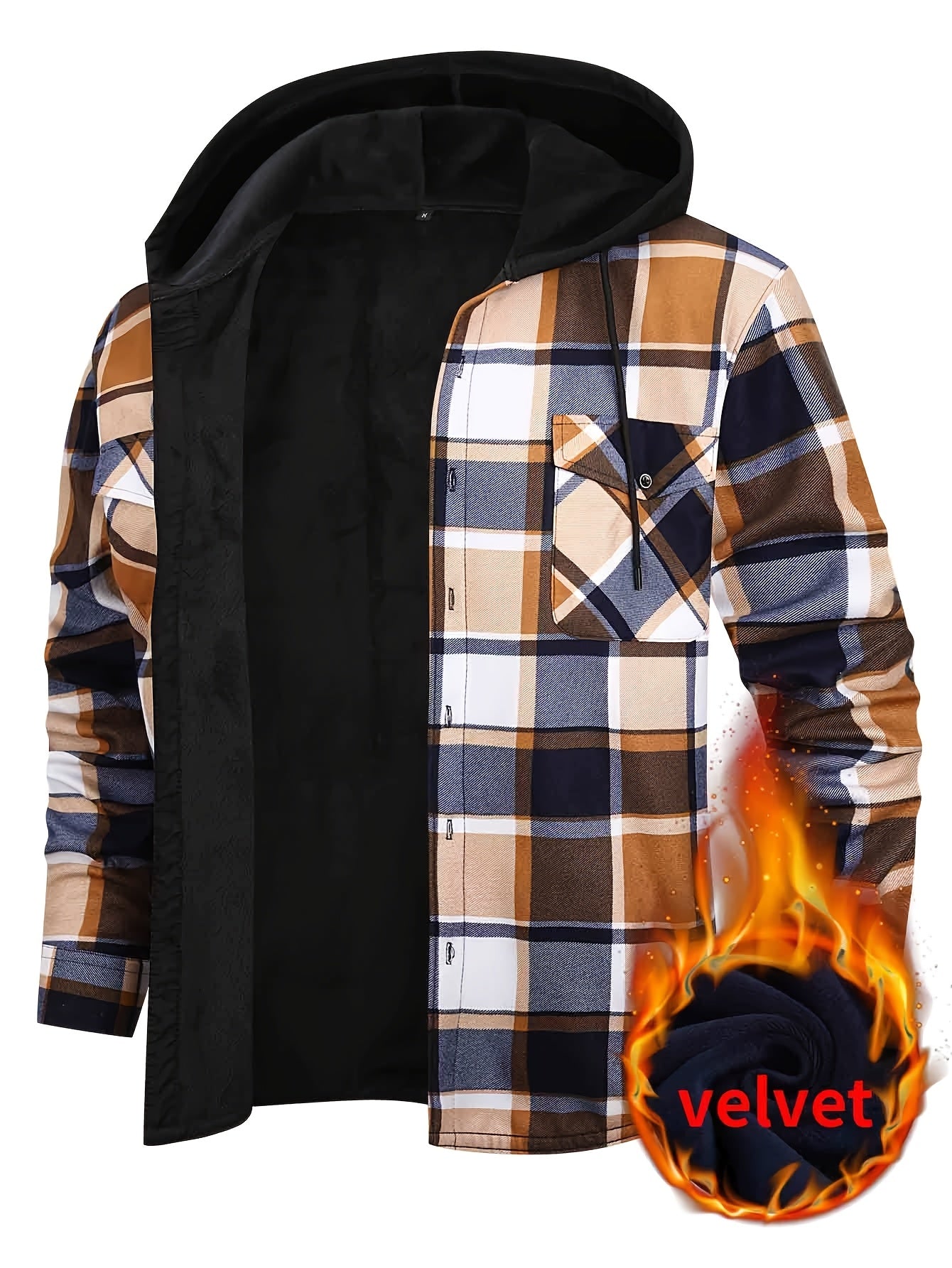Men's Fleece-Lined Hoodie - Casual & Sporty, Plaid Pullover with Button Detail, Long Sleeve, Loose Fit for Fall/Winter