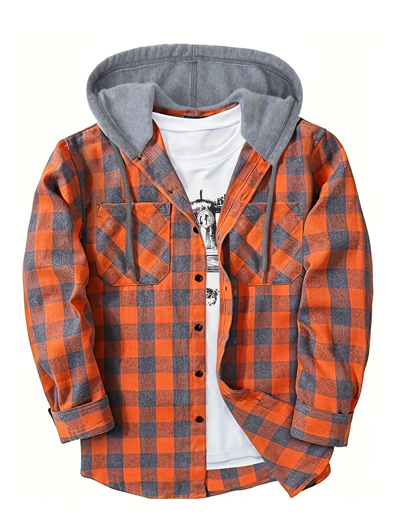 Men's Casual Plaid Hoodie Shirt - Long Sleeve Button-Up with Drawstring Hood, Red & Yellow Gingham Print, Polyester Blend, Comfortable and Stylish for Casual Attire, Essential Hoodie
