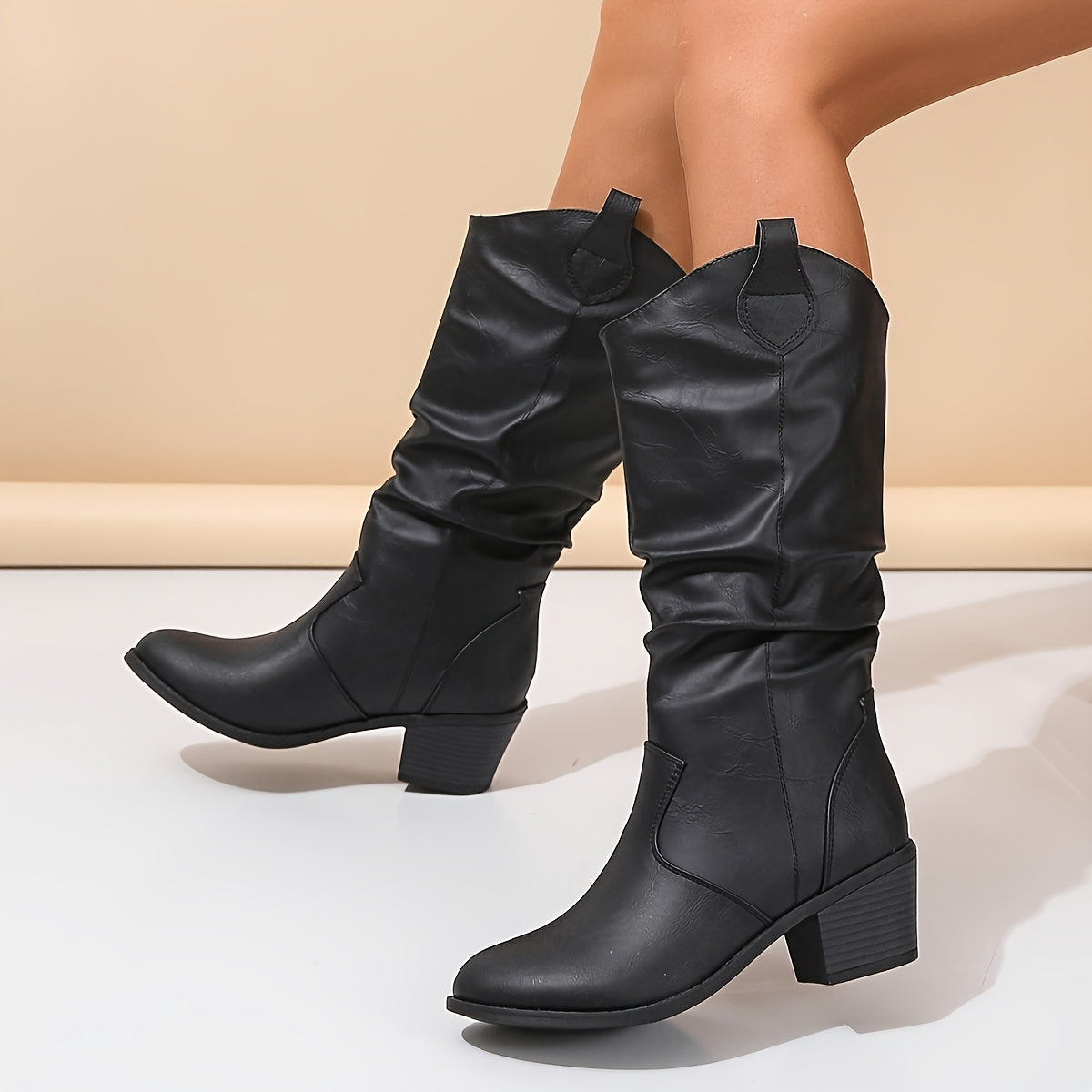 Timeless Tan Vegan Leather Block Heel Boots with Block Heel