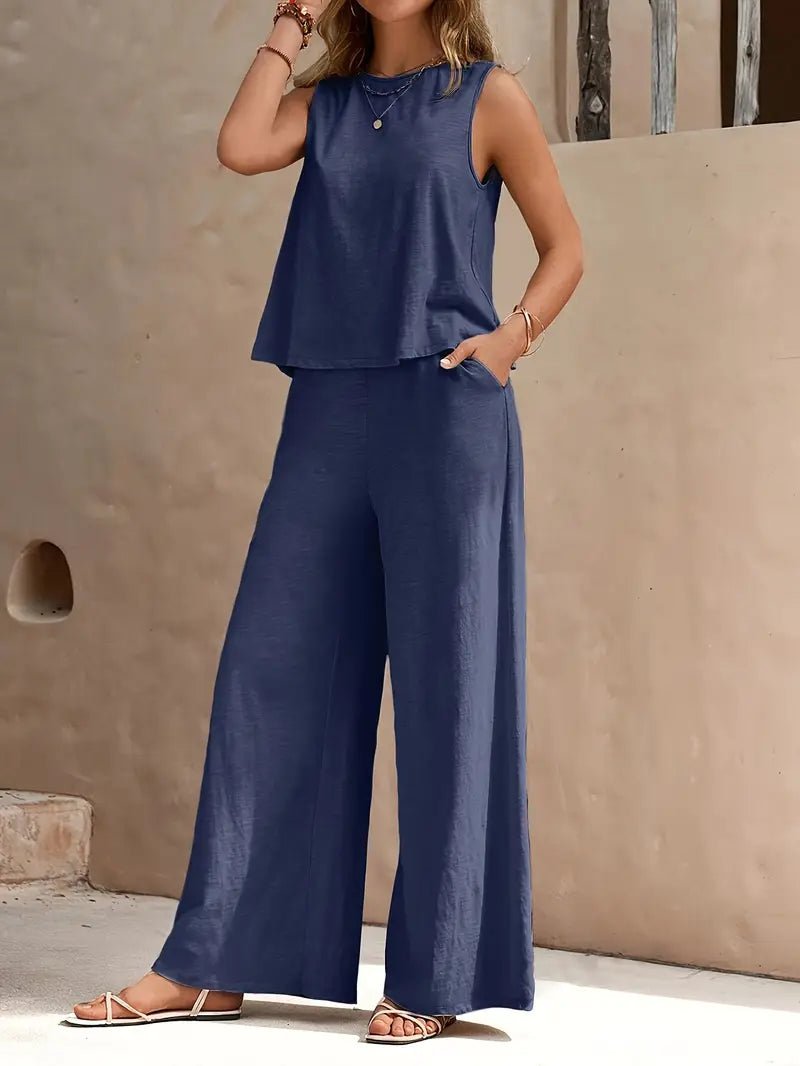 Solid Polyester Blouse 2-Piece Set