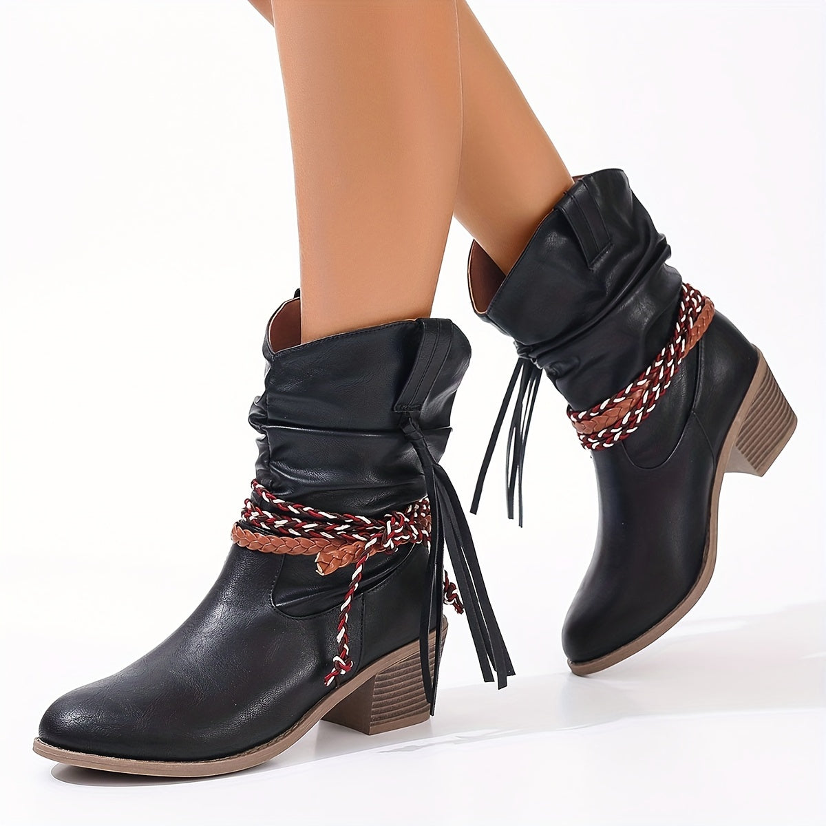 Timeless Red Animal Faux Fur Block Heel Boots with Block Heel