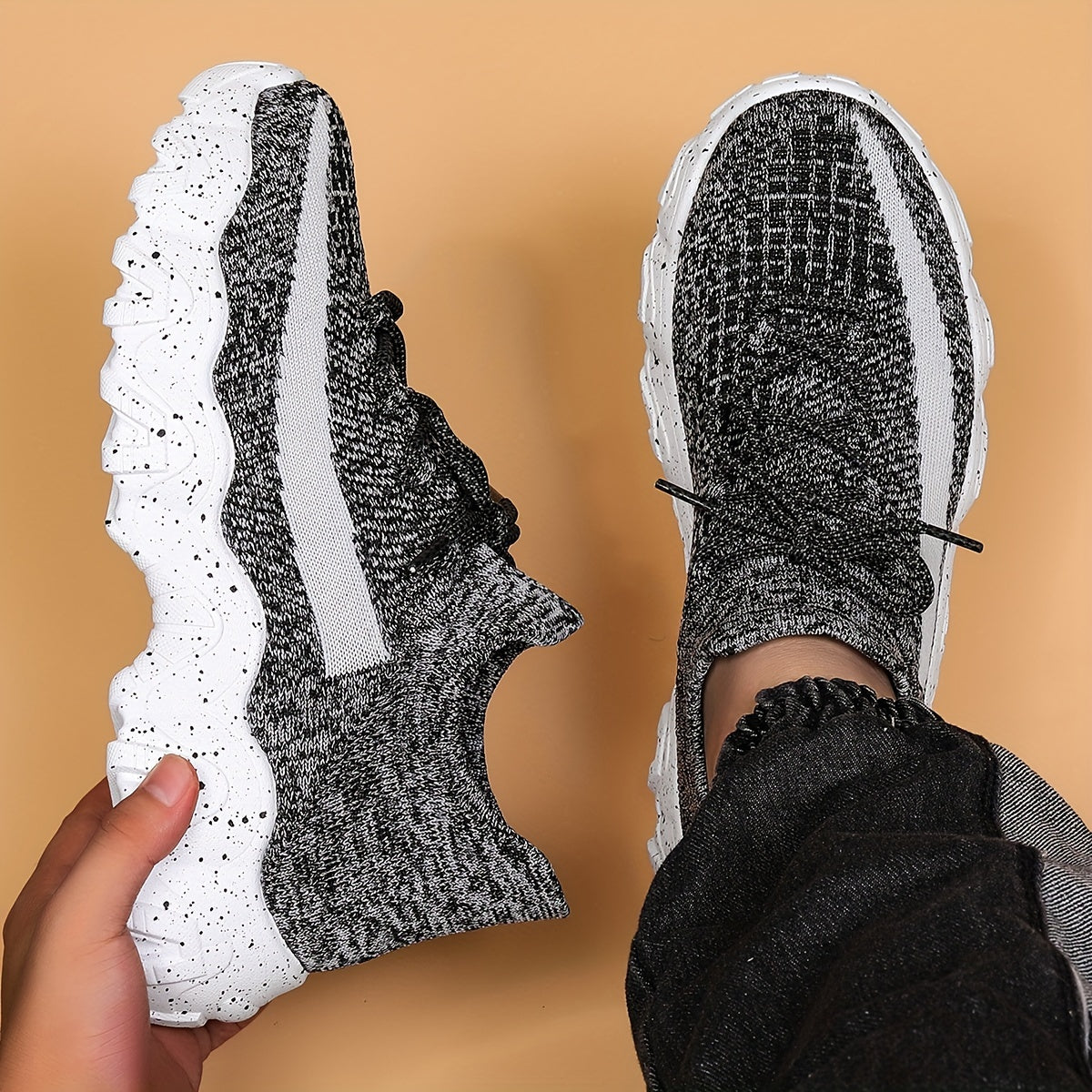 Men'S Casual Sneakers - Breathable Knit Upper, Geometric Pattern, Lace-Up Closure, Durable Rubber Sole, Comfortable Fabric Lining for Spring Sports & Casual Attire, Athletic Footwear | Geometric Pattern Shoes | Knit Construction, Sneakers
