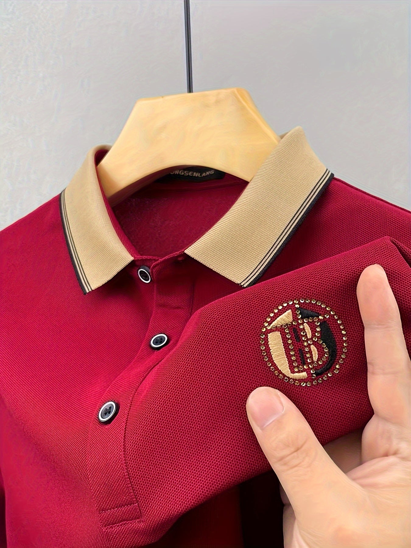 Men'S Summer Short Sleeve Polo Shirt, Embroidered Geometric Pattern, Casual Polyester Knit Fabric, Regular Fit, Half Placket, 160g/m² - Solid Color Top with Hotfix Rhinestones