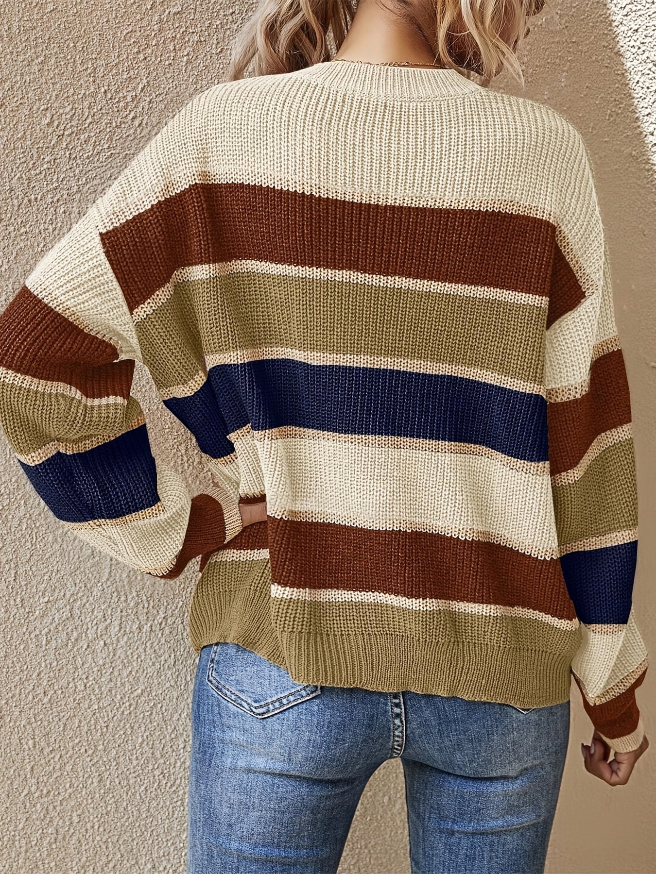 Women'S Color Block Striped Pullover Sweater - Cozy Long Sleeve Crew Neck, Loose Fit, Fall/Winter Casual Top with Green, Brown, and Beige Stripes, Casual Winter Wear | Relaxed Fit Top | Construction, Sweater Dress, Fall Clothe For Women, Fall Sw