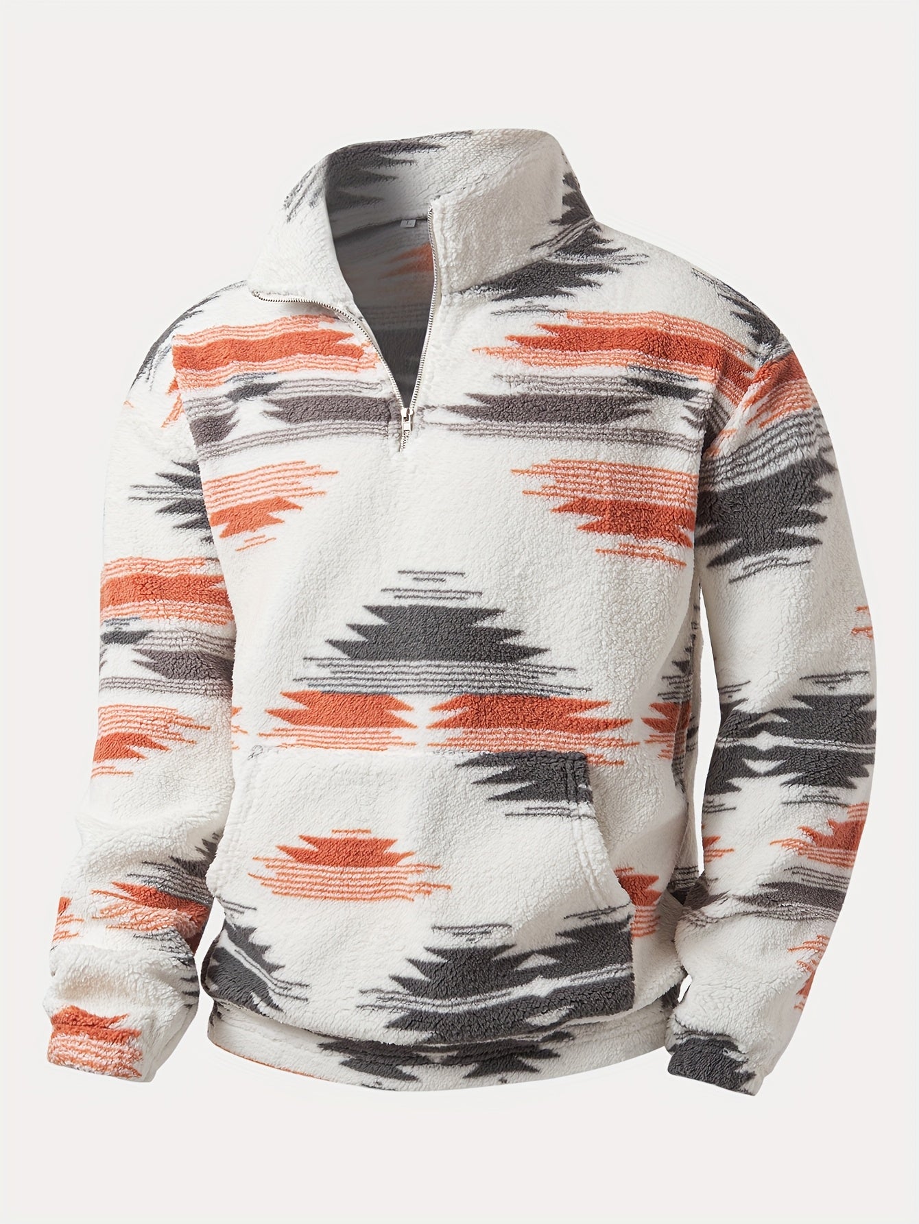 Men's Loose Polar Fleece Folk Style Print Sweatshirt With Kangaroo Pocket, Casual Breathable Half Zipper Stand Collar Long Sleeve Top For Outdoor