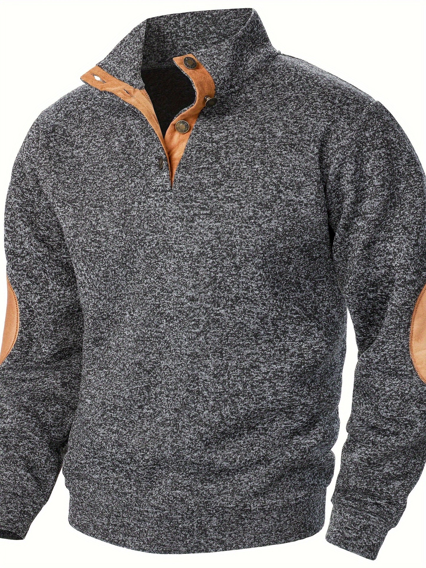 Men's Stand Collar Long Sleeve Casual Hoodie Top - Autumn Winter Warm Pullover with Button Detail, Solid Color Regular Fit for Casual Attire