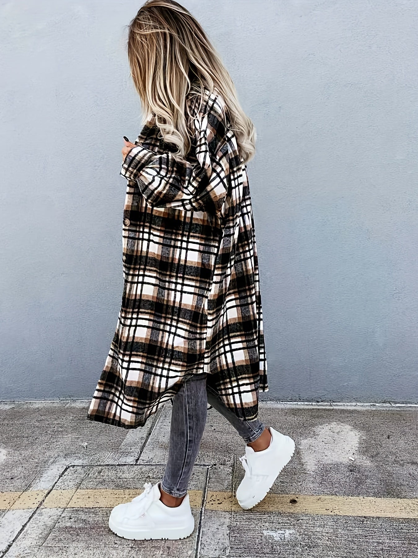 Stylish Plaid Print Womens Long Jacket - Relaxed Casual Button Front with Flap Pockets - Durable Outerwear for Everyday Fashion