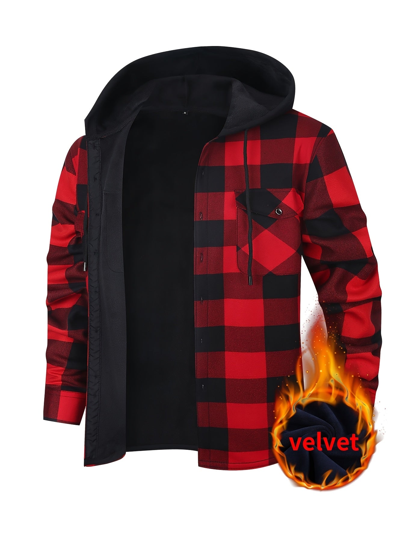 Men's Fleece-Lined Hoodie - Casual & Sporty, Plaid Pullover with Button Detail, Long Sleeve, Loose Fit for Fall/Winter