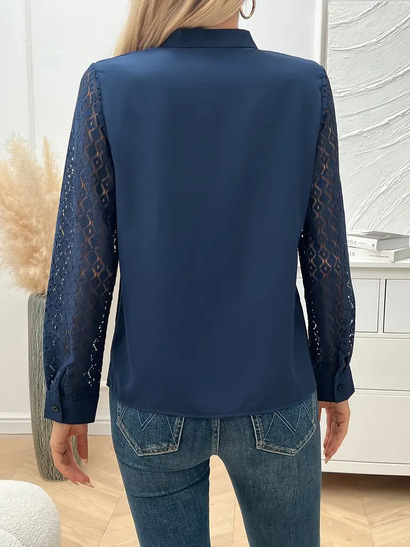 Solid Polyester Blouse Lace Splicing Notched