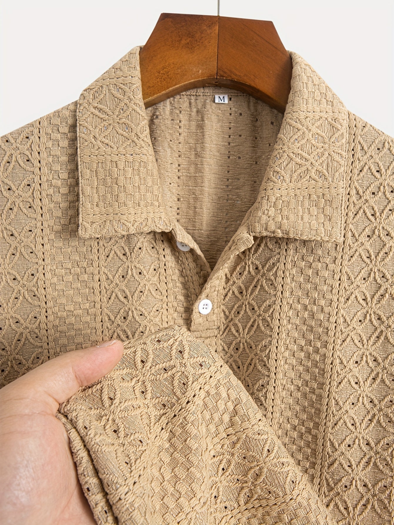 1pc Striped Knit Shirt for Men - Breathable Short Sleeve with Lace-Like Cut-Out Detail, Lightweight Casual Top, Hand Wash Only, Warm Weather Top, Textured Pattern, Delicate Knitwork, Men's Top, Stylish Men