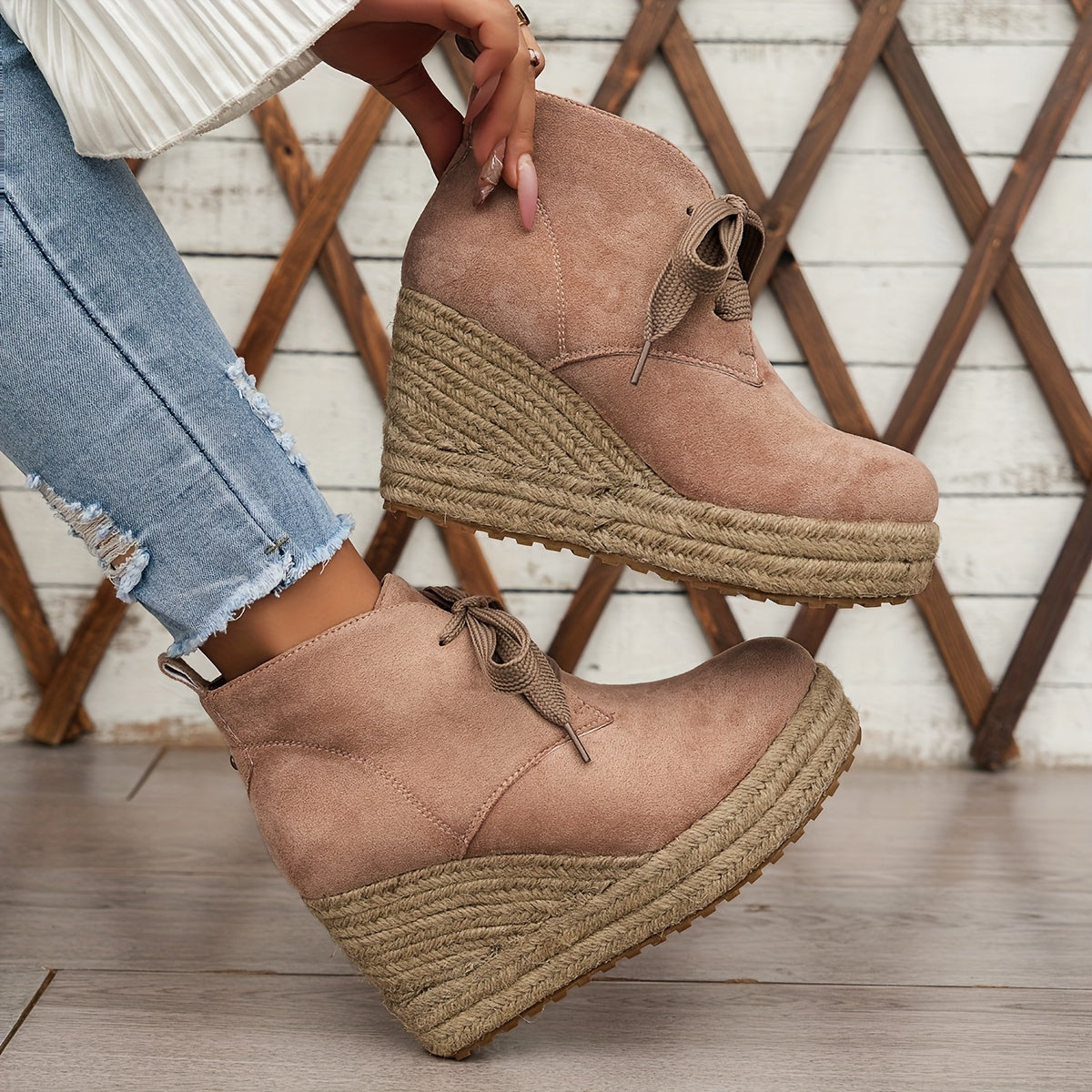 Comfortable Chic Women's Linen Wedge Ankle Boots - Lace-Up Platform Shoes with Durable Rubber Sole for All Seasons