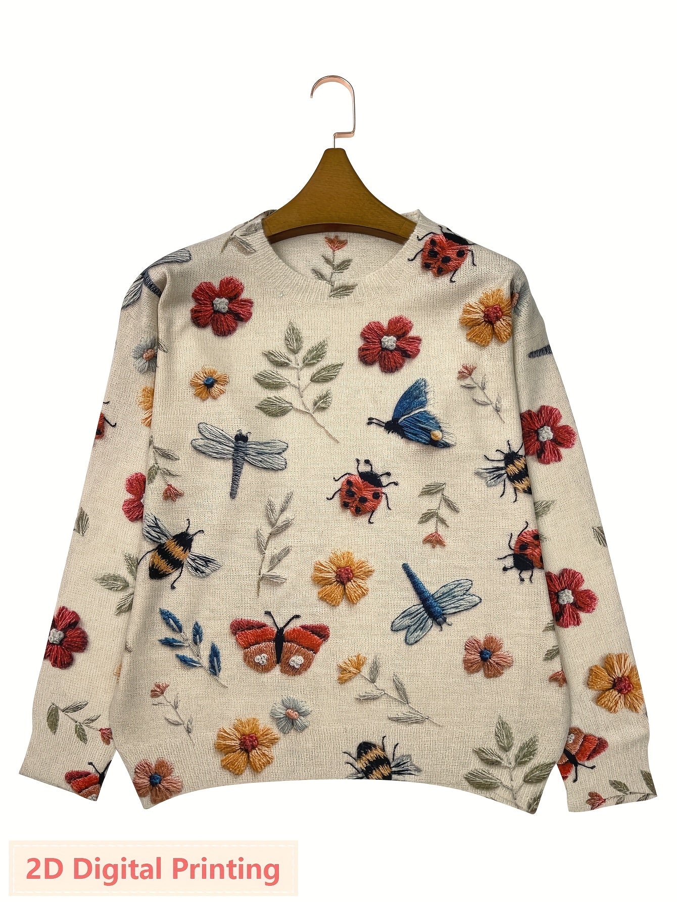 Women'S Lightweight Sweater - 2D Digital Printing-All-Over Floral & Insect Print in Beige/Red/Blue/Black/White/Gray/ - Soft Everyday Pullover for Fall/Winter - Casual Chic Sweater for Everyday & Formal Outfits - Women'S Sweater, Ladies Sweaters,