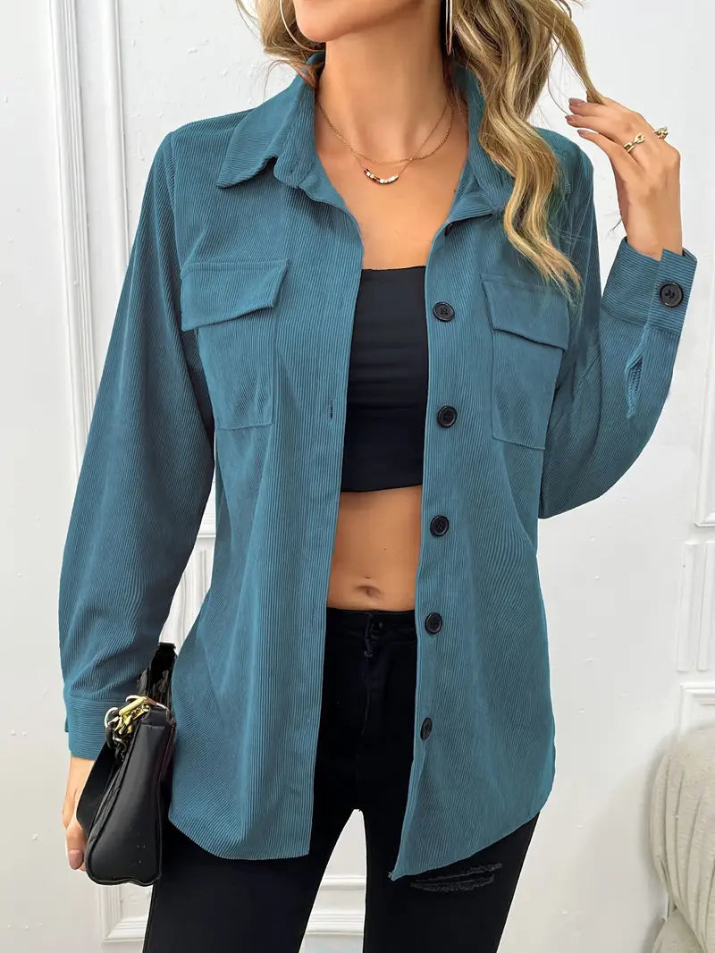 Solid Corduroy Jacket Button Front Flap