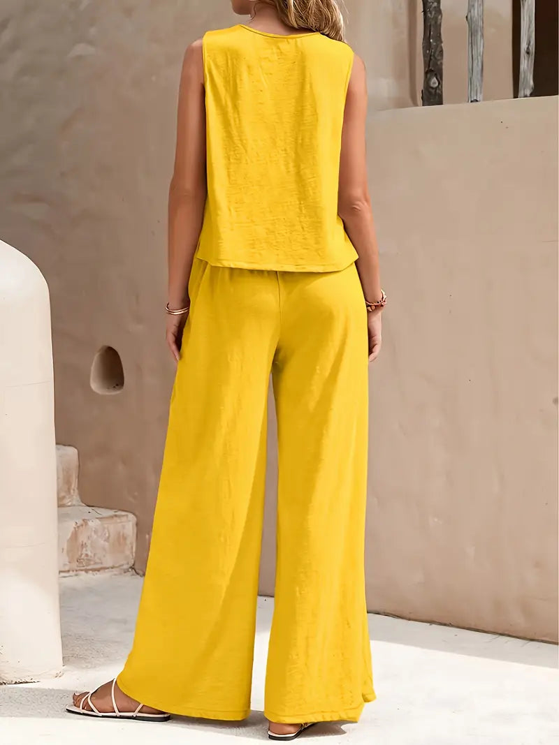 Solid Polyester Blouse 2-Piece Set