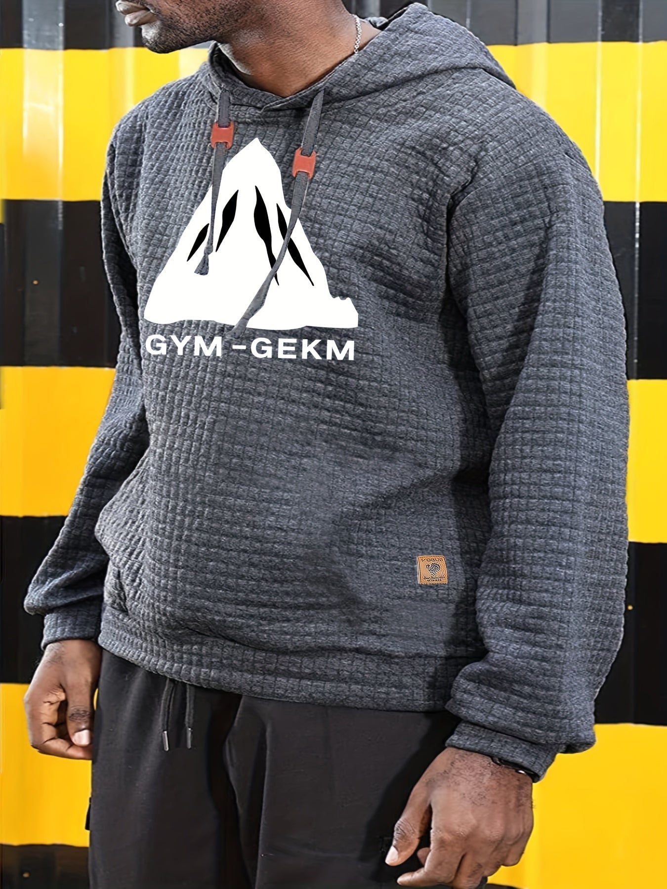 GEKM Men'S Bohemian Plaid Long Sleeve Hoodie - Cozy Jacquard Fabric Sweatshirt with Orange Accents, Casual Outdoor Jogging & Fitness Training Pullover, Regular Fit, Hooded Design, Comfortable Pullover