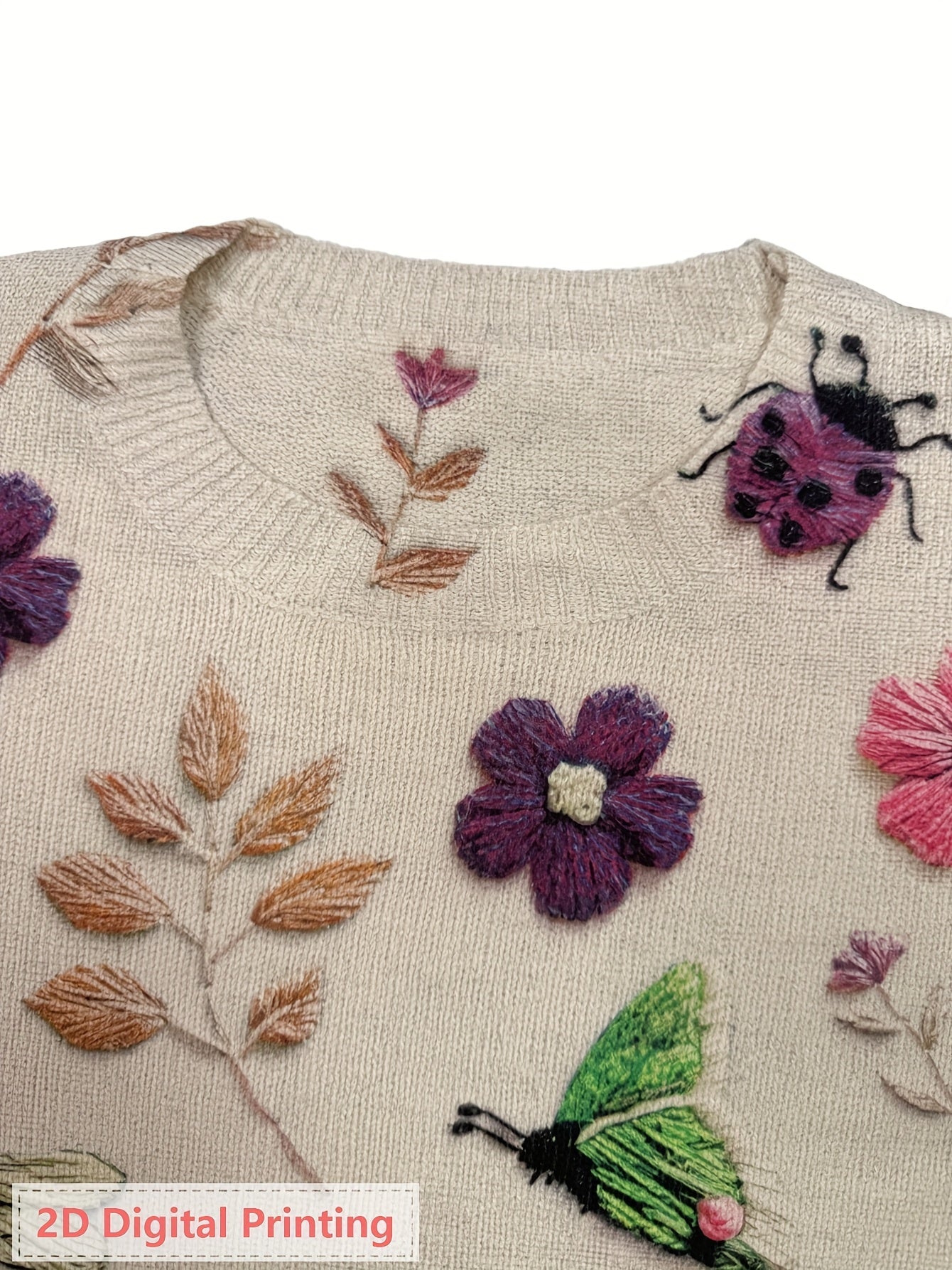 Women'S Lightweight Sweater - 2D Digital Printing-All-Over Floral & Insect Print in Beige/Red/Blue/Black/White/Gray/ - Soft Everyday Pullover for Fall/Winter - Casual Chic Sweater for Everyday & Formal Outfits - Women'S Sweater, Ladies Sweaters,