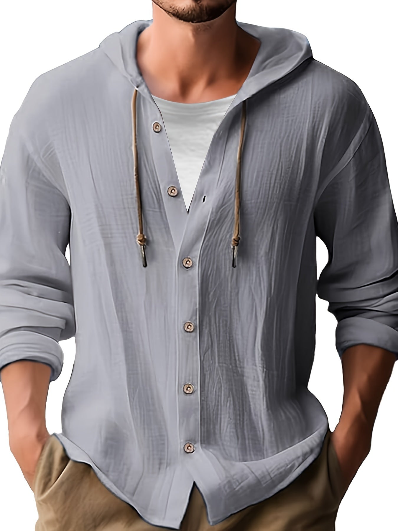 Men's Hooded Lightweight & Breathable Jacket, Solid Color Regular Fit Coat with Button Closure