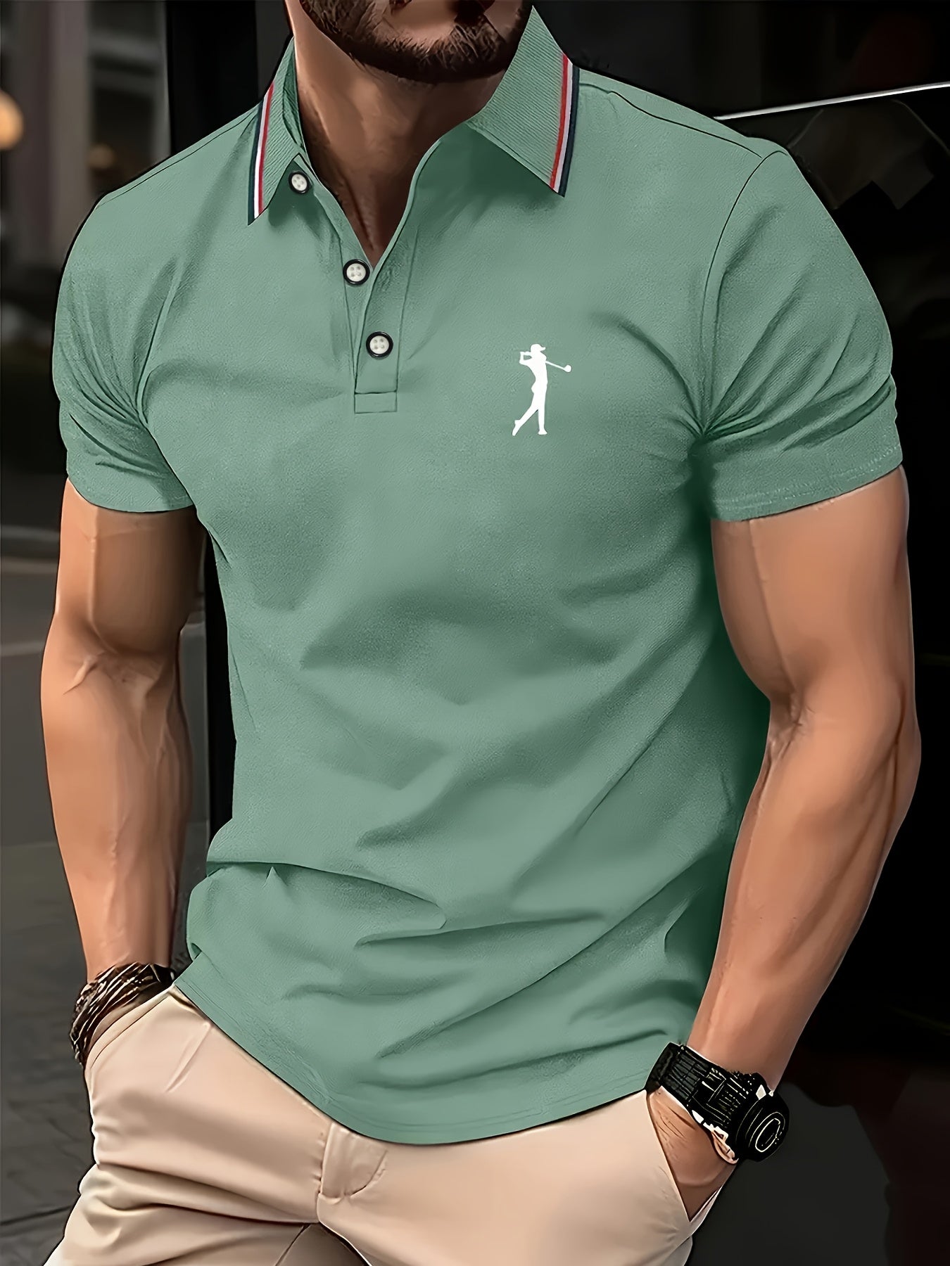 Men's Short Sleeve Shirt - White with Red Golf Print, Striped Collar & Cuffs, Breathable Summer Golf & Casual Wear, Machine Washable Regular Fit, Durable Fabric