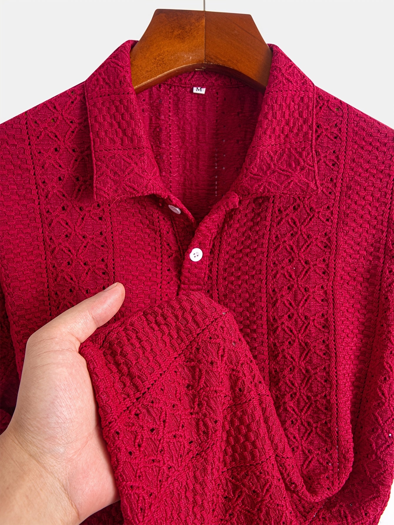 1pc Striped Knit Shirt for Men - Breathable Short Sleeve with Lace-Like Cut-Out Detail, Lightweight Casual Top, Hand Wash Only, Warm Weather Top, Textured Pattern, Delicate Knitwork, Men's Top, Stylish Men