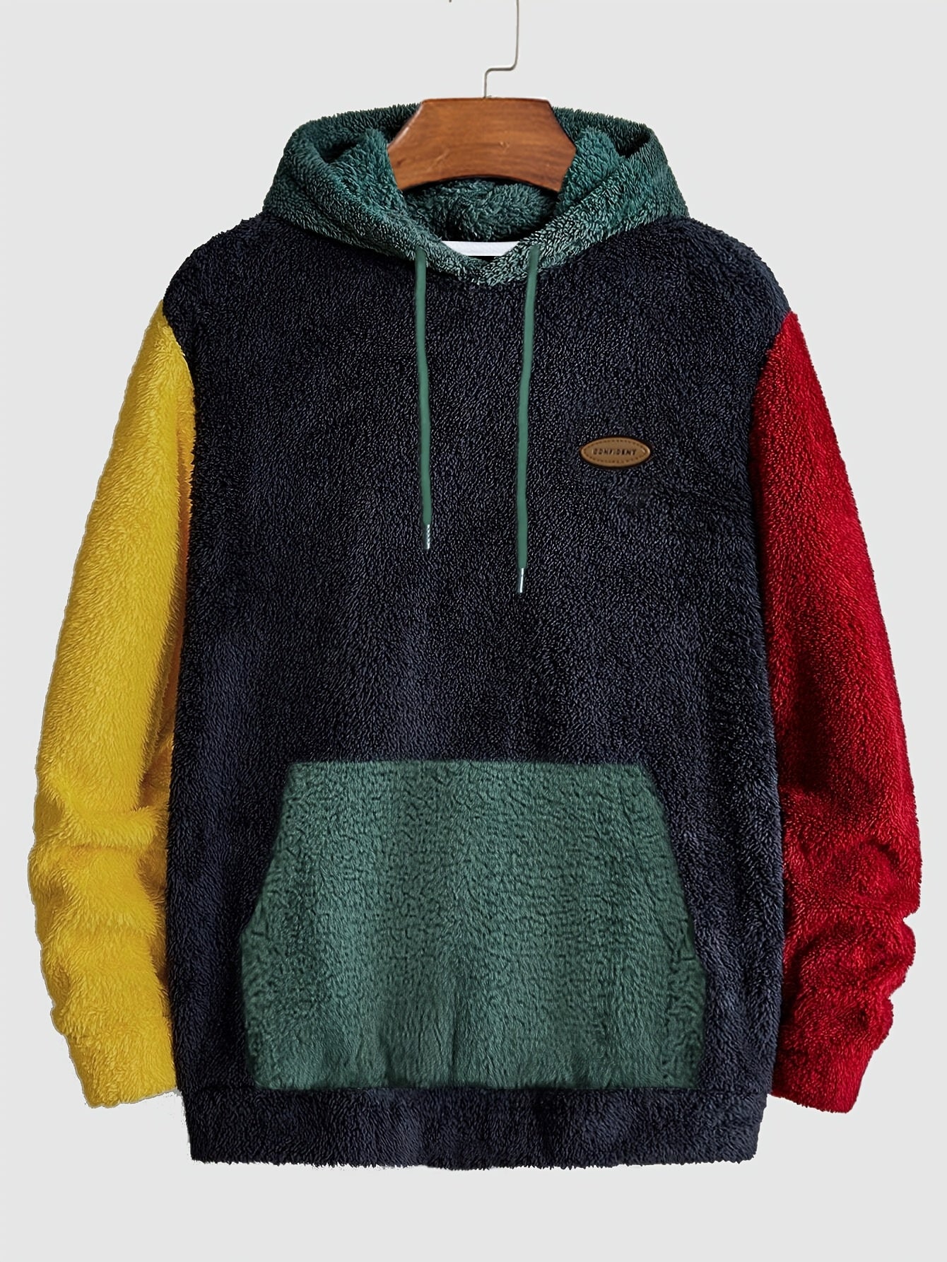 Men's Multicolor Plush Hoodie with Contrast Embroidery, Warm for Autumn/Winter, Long Sleeve, Machine Washable