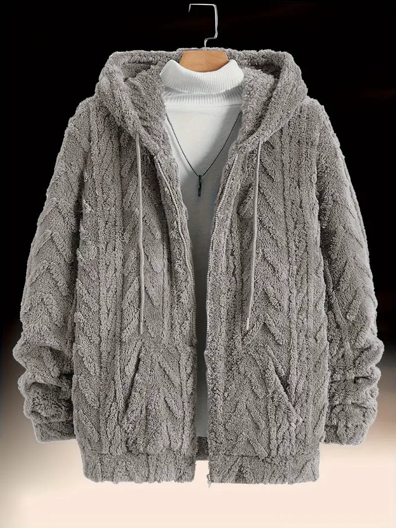Fleece Polyester Knit Hooded Zip Long Sleeve Jacket