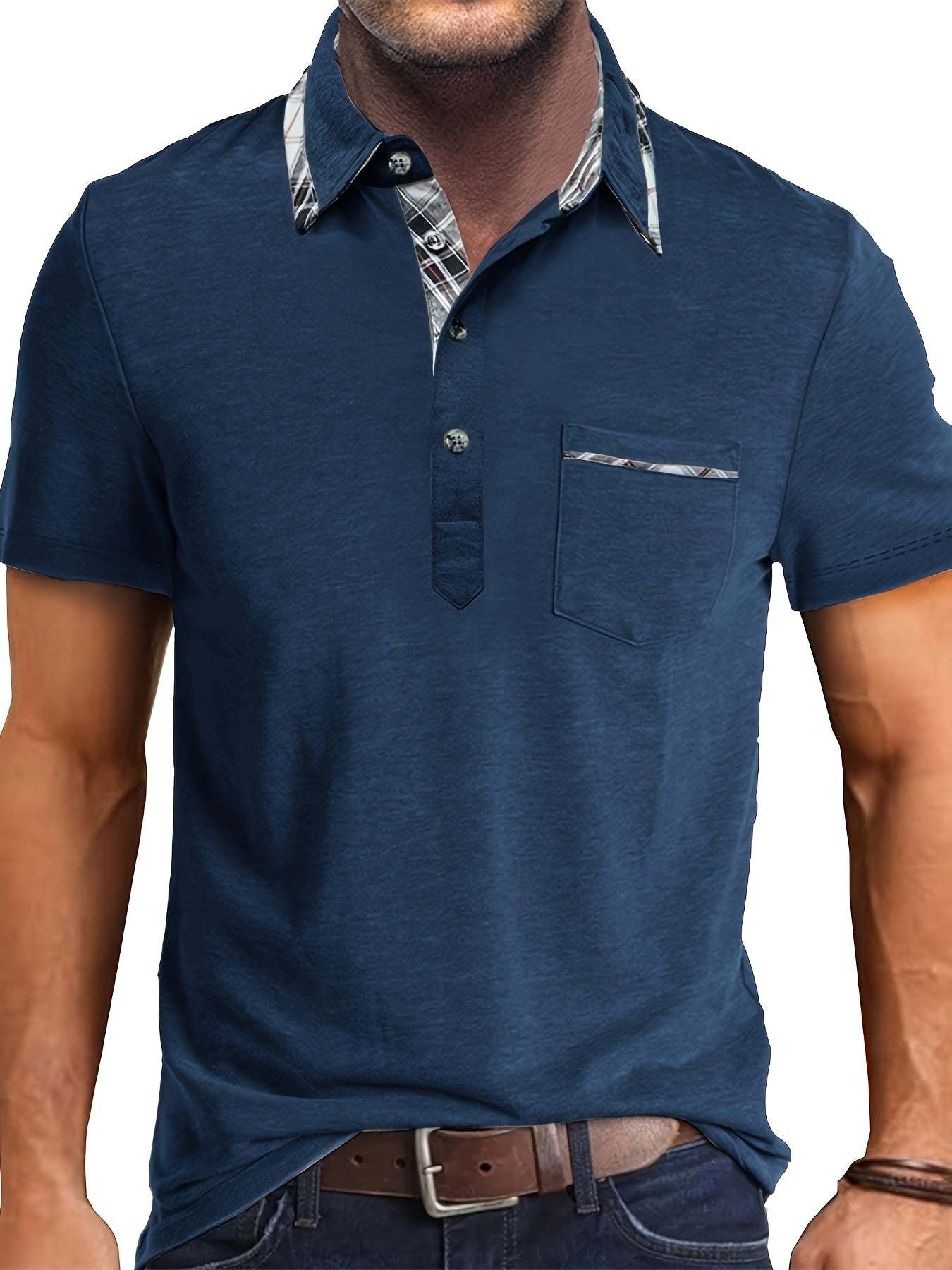 Men'S Plus Size Short Sleeve Polo Shirt with Plaid Collar and Button Details - Casual Summer Style, Regular Fit, Slight Stretch Fabric, Plus Size Shirts, PLUS SIZE