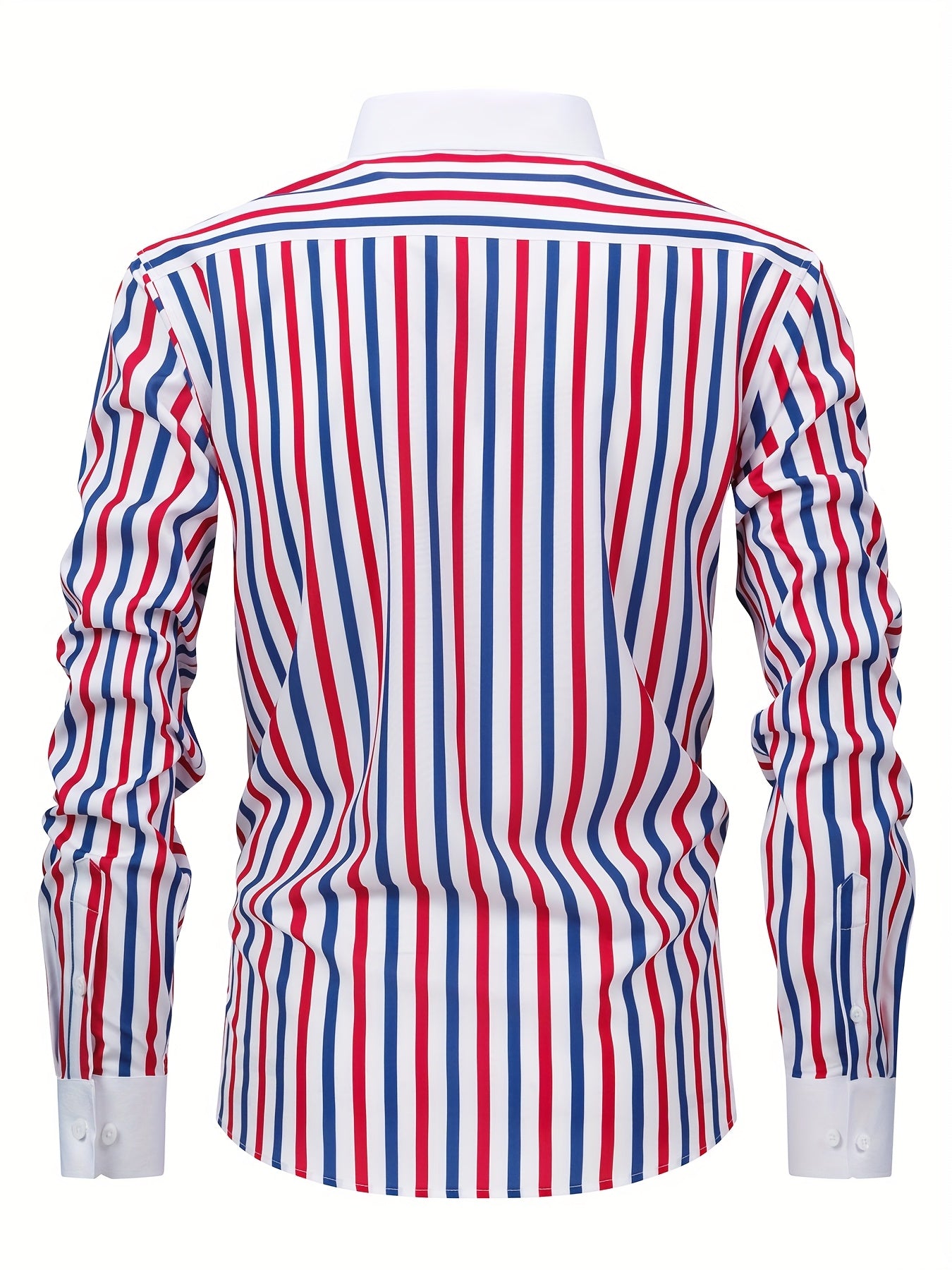 Men'S Elegant Striped Long Sleeve Button-Up Shirt - Red & White, Stretchy Polyester Blend, Fitted Design, Perfect for Business or Casual Wear, Gift for Me