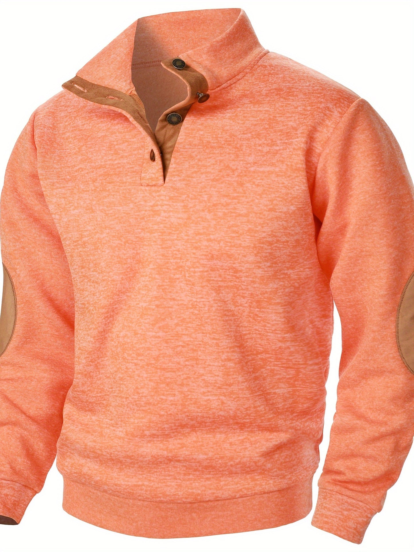 Men's Stand Collar Long Sleeve Casual Hoodie Top - Autumn Winter Warm Pullover with Button Detail, Solid Color Regular Fit for Casual Attire