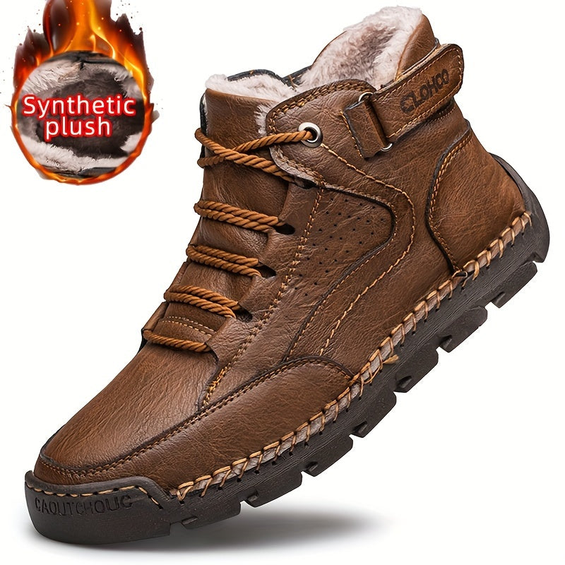 CLOHOO Men's High-Top Casual Ankle Boots, Handcrafted PU Upper & Lining, Rubber Sole with Enhanced Grip, Round Toe Lace-Up Closure, Comfortable Warm Plush Interior, Solid Color Design for Outdoor Activities - All Seasons, CLOHOO