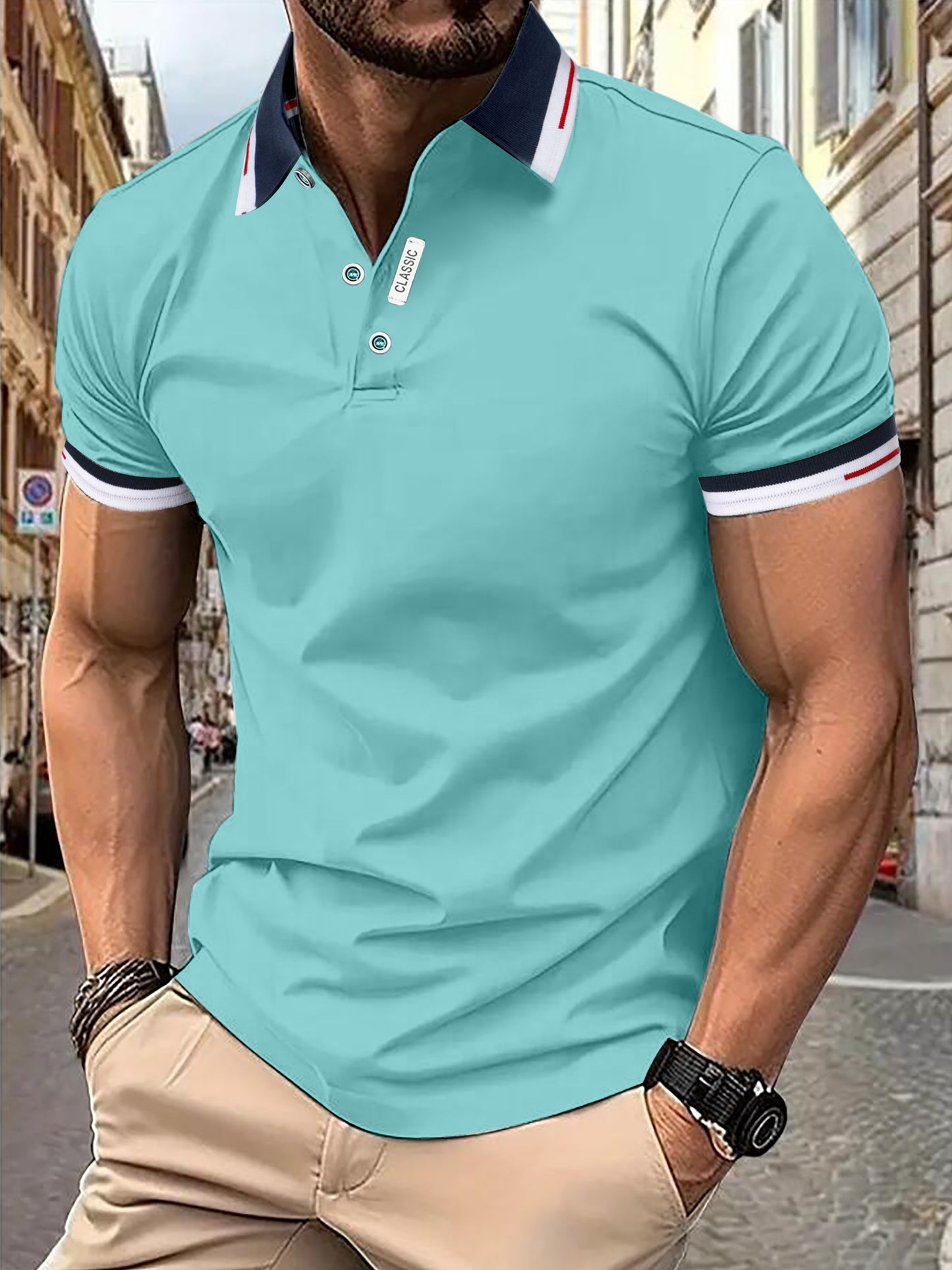 Men's Sleek Black Shirt - Casual & Sporty, Short-Sleeved with Contrast Collar and Trim, 100% Polyester, Button Detail, Ideal for Summer