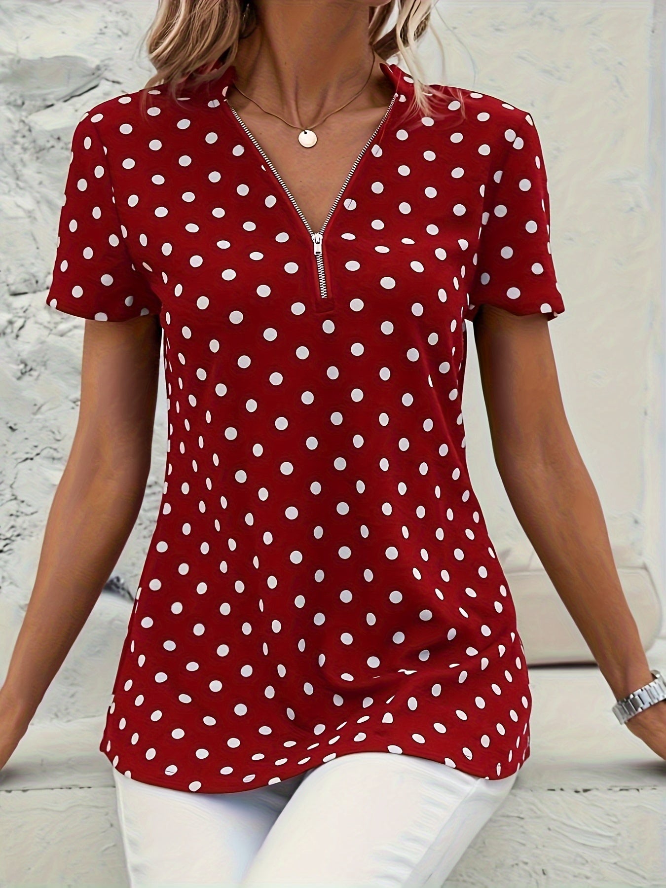 Elegant V Neck Short Sleeve Blouse - Polka Dots Print, Zipper Front, For Spring & Summer, Women's Clothing