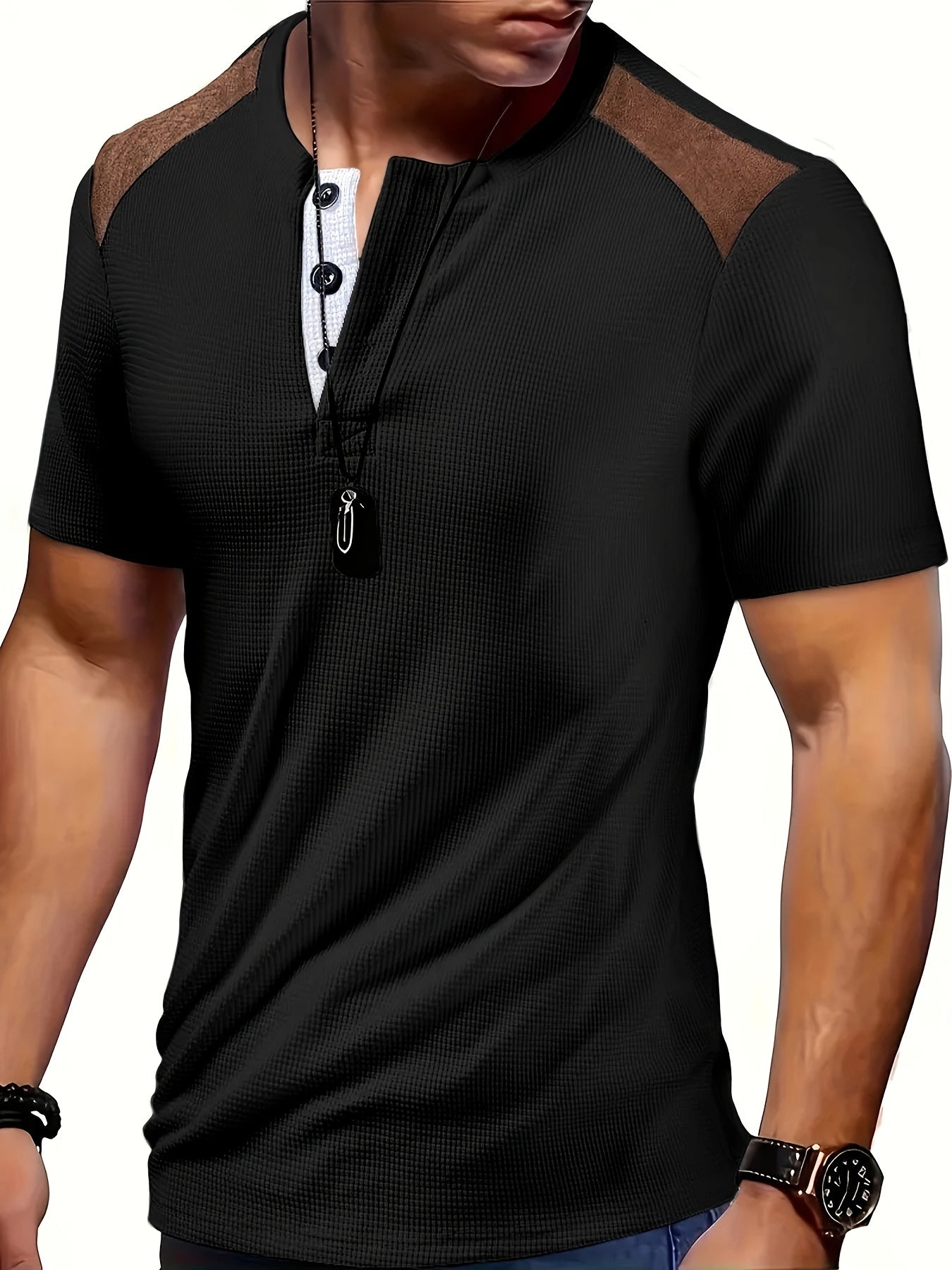 Men'S Waffle Texture Two-Tone Henley Shirt - Casual Summer Short Sleeve, Round Neck, Non-Stretch Fabric