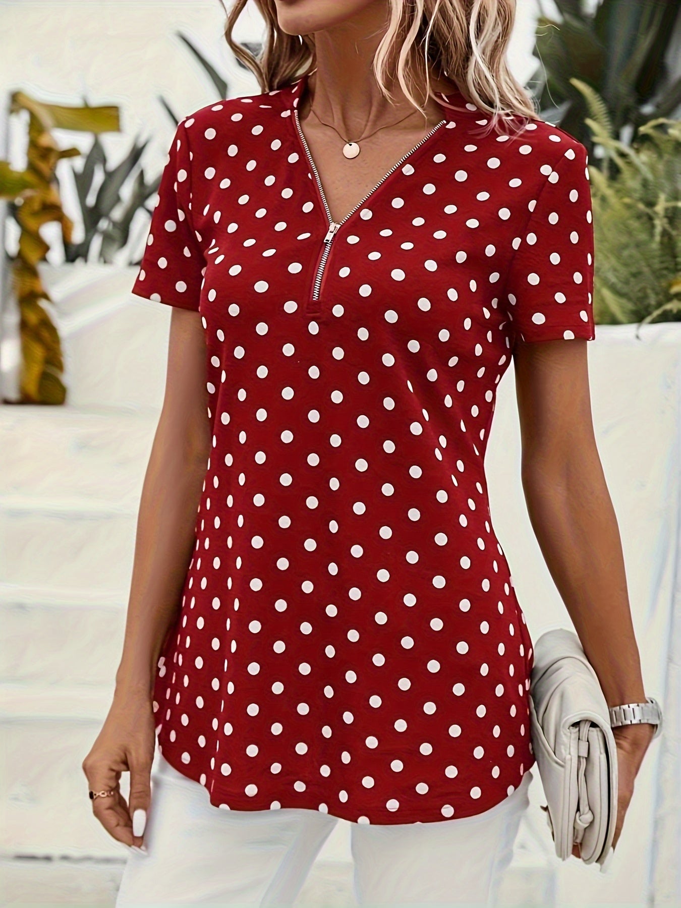 Elegant V Neck Short Sleeve Blouse - Polka Dots Print, Zipper Front, For Spring & Summer, Women's Clothing