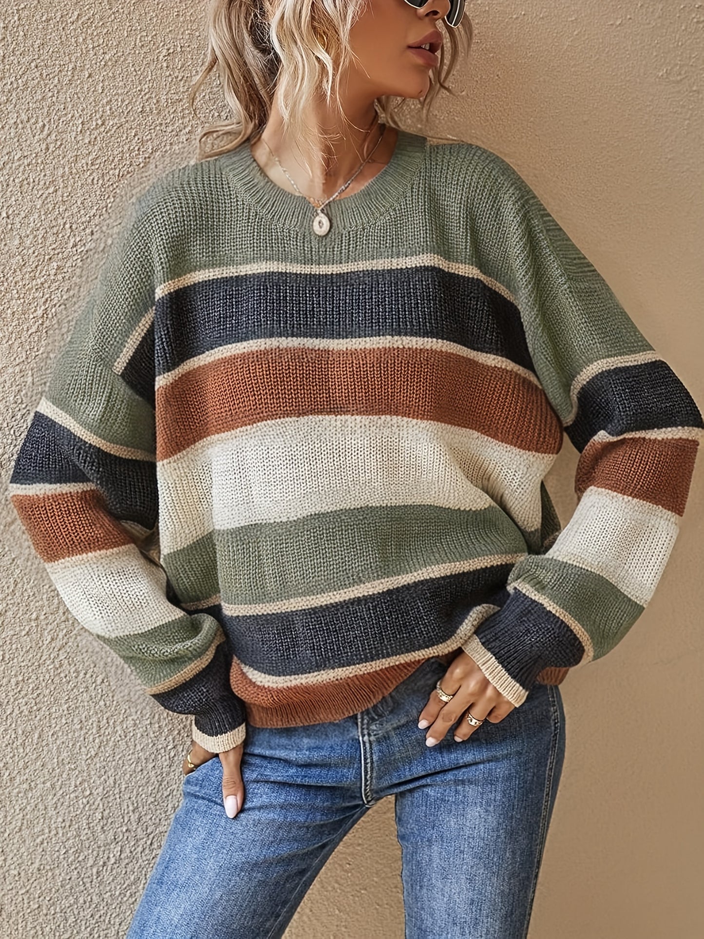 Women'S Color Block Striped Pullover Sweater - Cozy Long Sleeve Crew Neck, Loose Fit, Fall/Winter Casual Top with Green, Brown, and Beige Stripes, Casual Winter Wear | Relaxed Fit Top | Construction, Sweater Dress, Fall Clothe For Women, Fall Sw