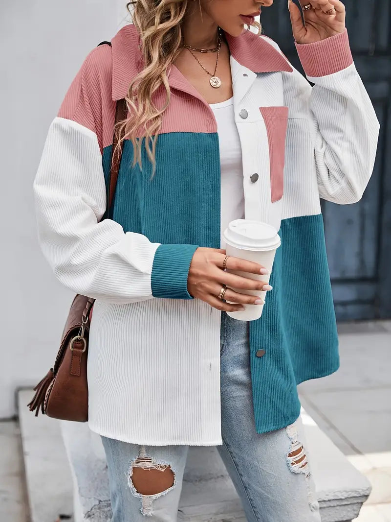 Solid Polyester Blouse Color Block Button