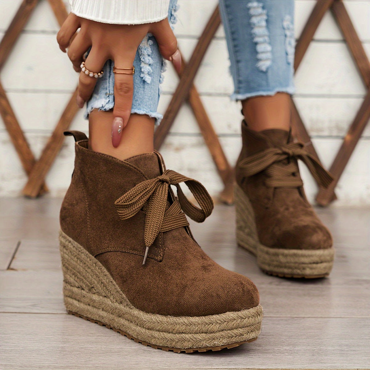 Comfortable Chic Women's Linen Wedge Ankle Boots - Lace-Up Platform Shoes with Durable Rubber Sole for All Seasons
