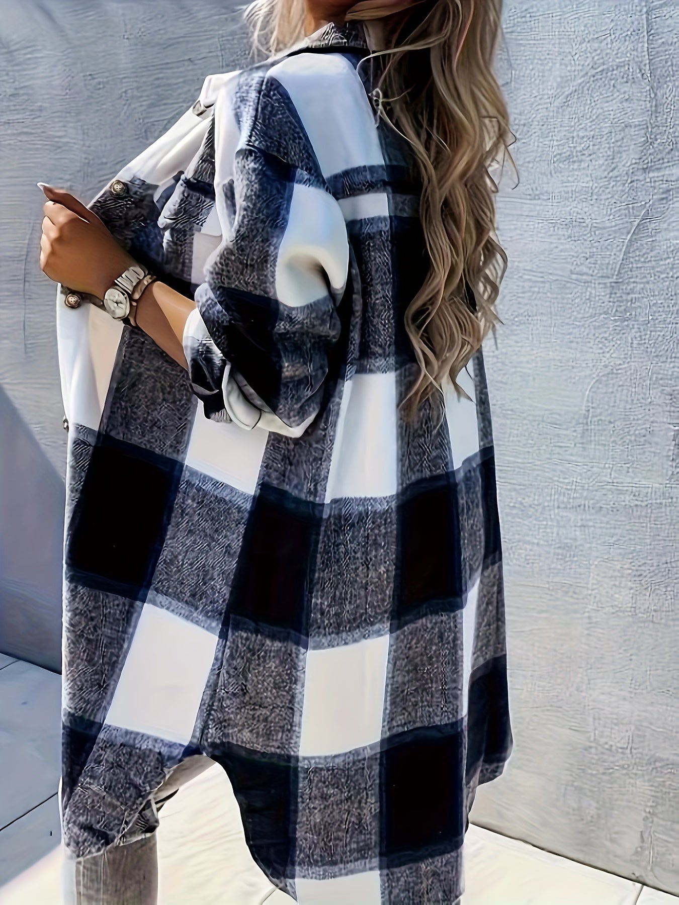 Stylish Plaid Print Womens Long Jacket - Relaxed Casual Button Front with Flap Pockets - Durable Outerwear for Everyday Fashion