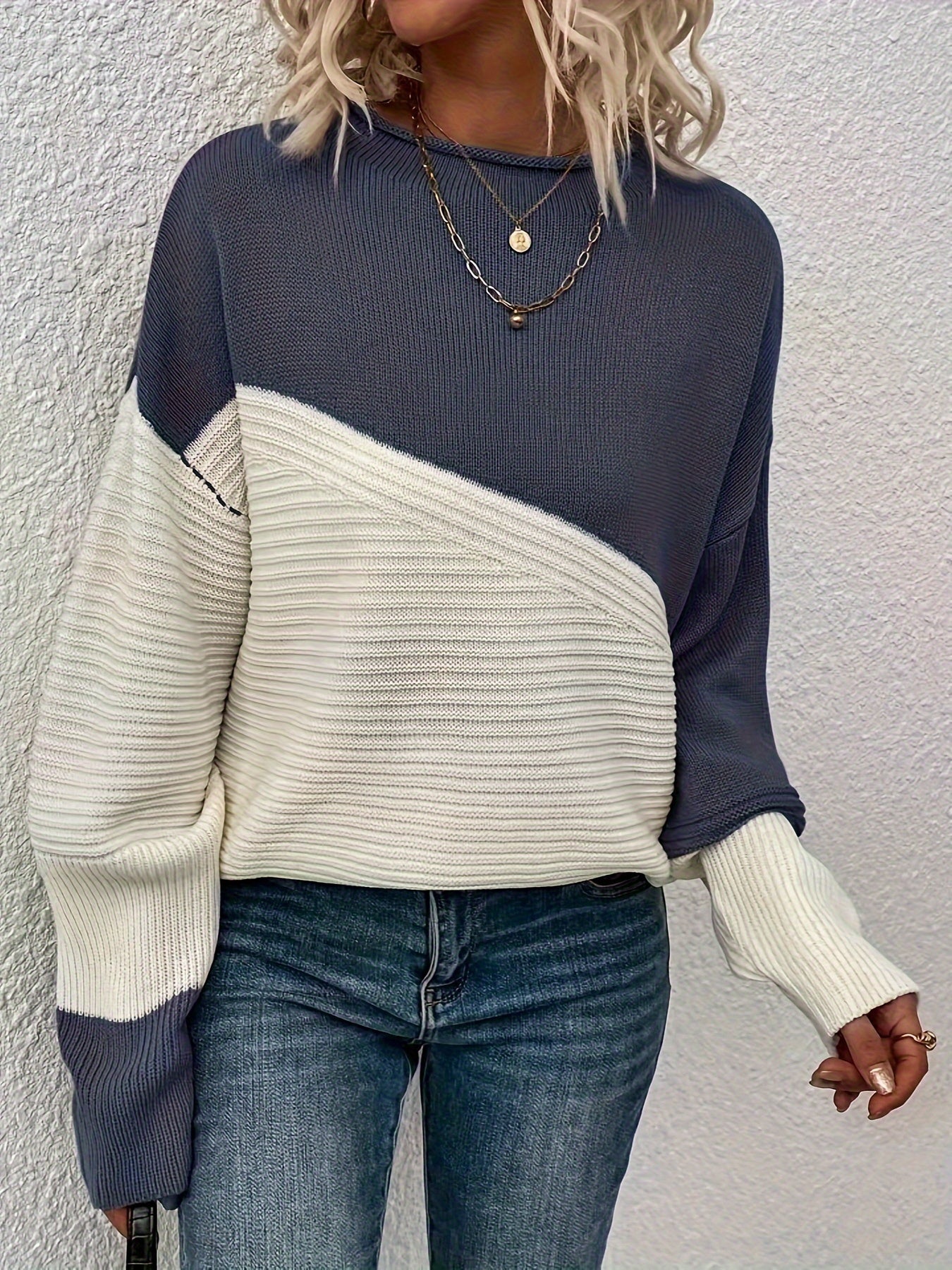 Womens Elegant Color Block Funnel Neck Pullover Sweater - Soft High Elasticity Acrylic Knit Fabric, Long Sleeve Drop Shoulder Design, Easy Care Hand Wash or Dry Clean, Perfect for Fall and Winter - Classic Style for Casual Daily Wear
