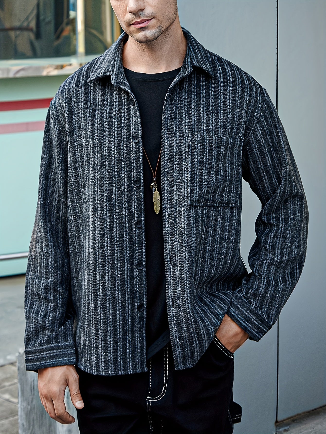 Various Pattern Men's Casual Long Sleeve Lapel Shirt, Men's Thick Outwear For Fall Winter