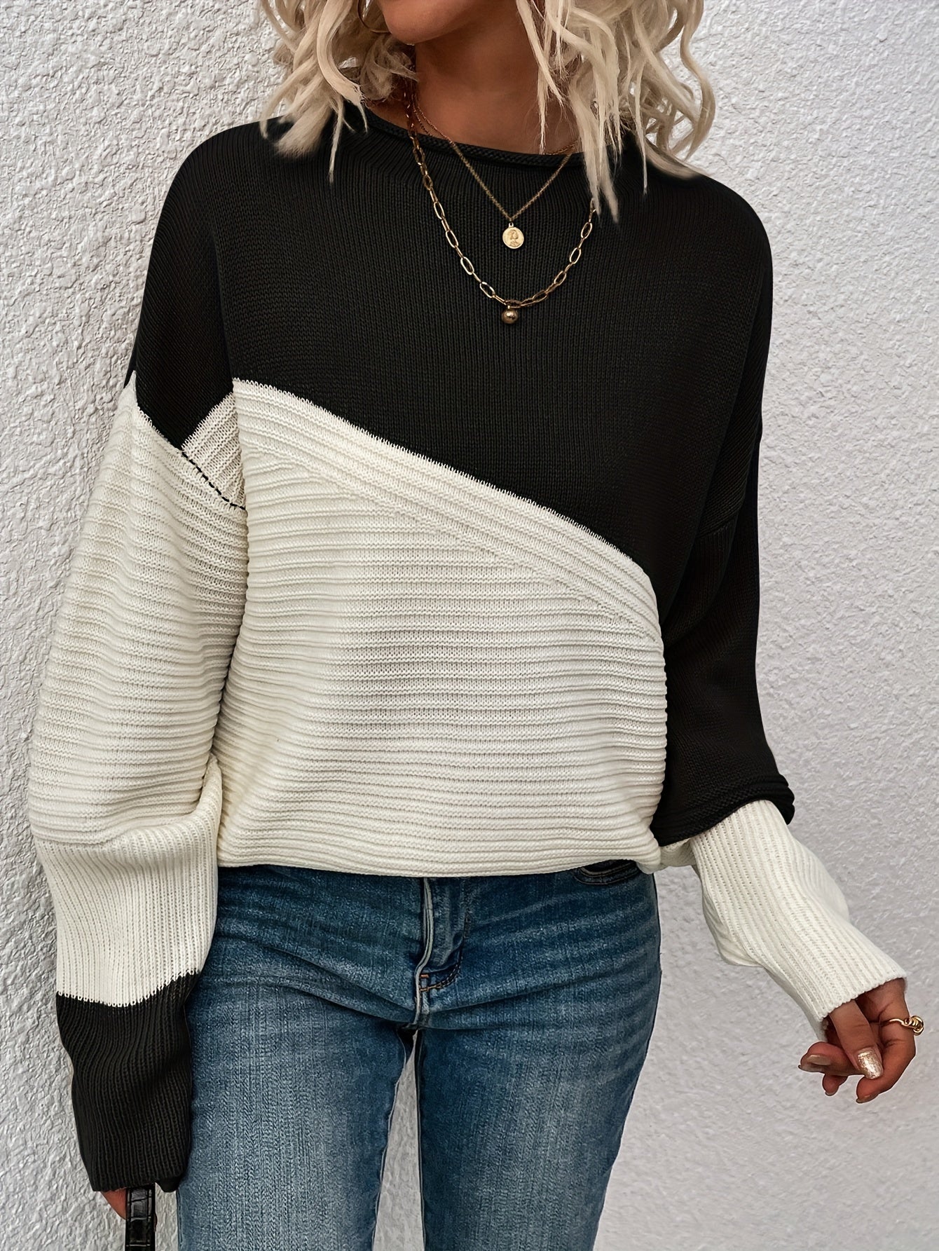 Womens Elegant Color Block Funnel Neck Pullover Sweater - Soft High Elasticity Acrylic Knit Fabric, Long Sleeve Drop Shoulder Design, Easy Care Hand Wash or Dry Clean, Perfect for Fall and Winter - Classic Style for Casual Daily Wear
