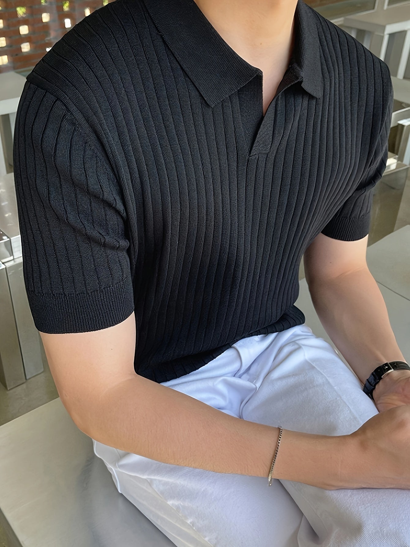 2024 New Men'S Small Hole Short Sleeve Polo Shirt Knitted Sweater - Beige, Medium Stretch, Solid Color, Regular Fit, All-Season Casual Wear, Casual Wear Sweater|Minimalist Style|Knit Construction, Sweater Vest