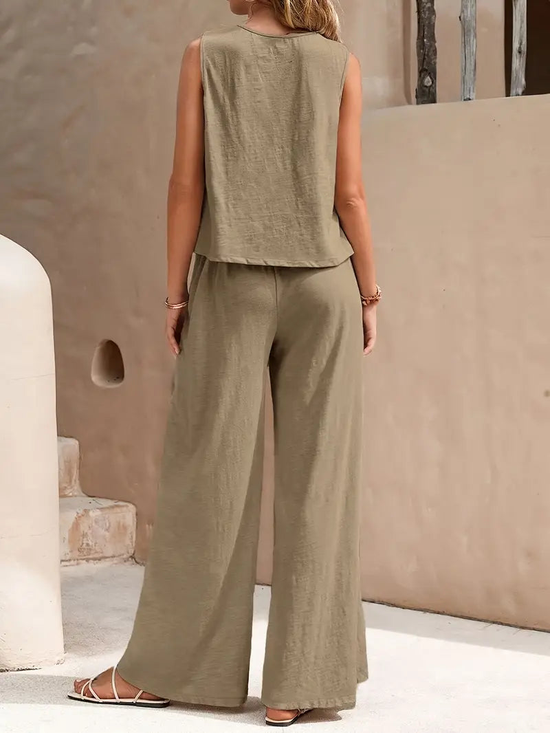 Solid Polyester Blouse 2-Piece Set
