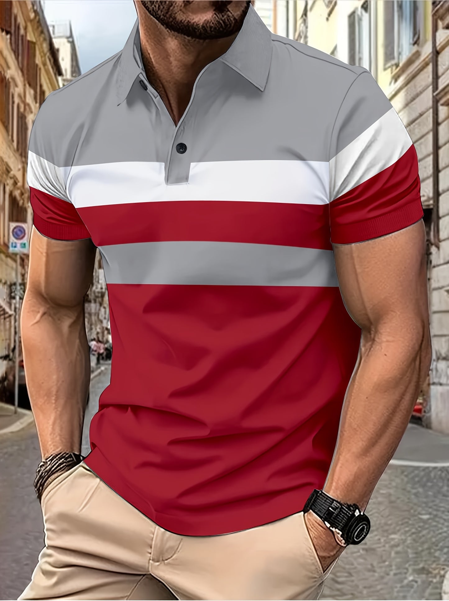 Casual Men's Color Block Short Sleeve Comfy Lapel Shirt For Golf Sports, Summer Men's Clothing