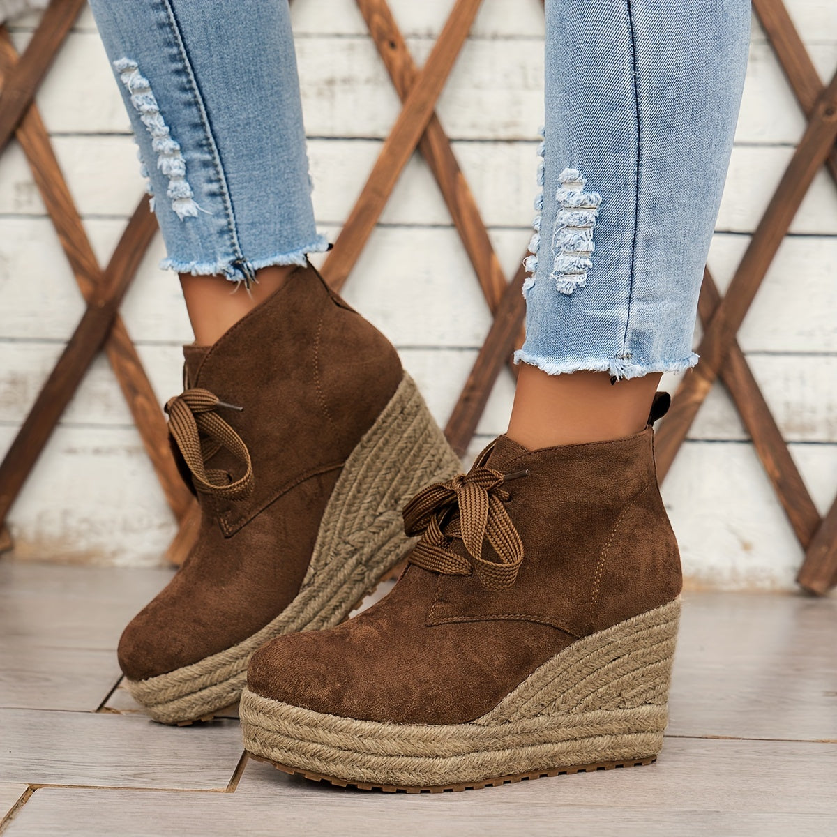 Comfortable Chic Women's Linen Wedge Ankle Boots - Lace-Up Platform Shoes with Durable Rubber Sole for All Seasons