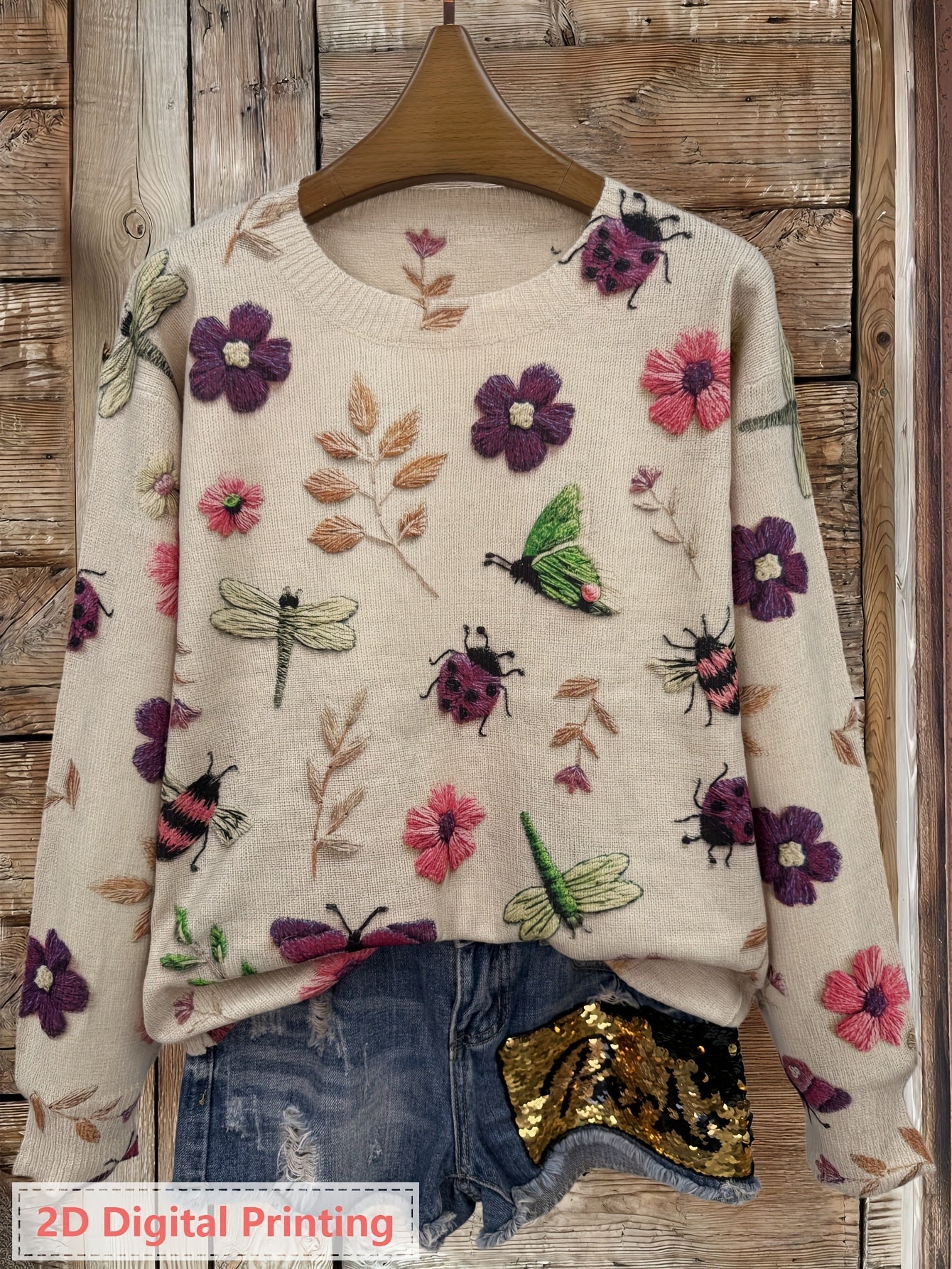 Women'S Lightweight Sweater - 2D Digital Printing-All-Over Floral & Insect Print in Beige/Red/Blue/Black/White/Gray/ - Soft Everyday Pullover for Fall/Winter - Casual Chic Sweater for Everyday & Formal Outfits - Women'S Sweater, Ladies Sweaters,