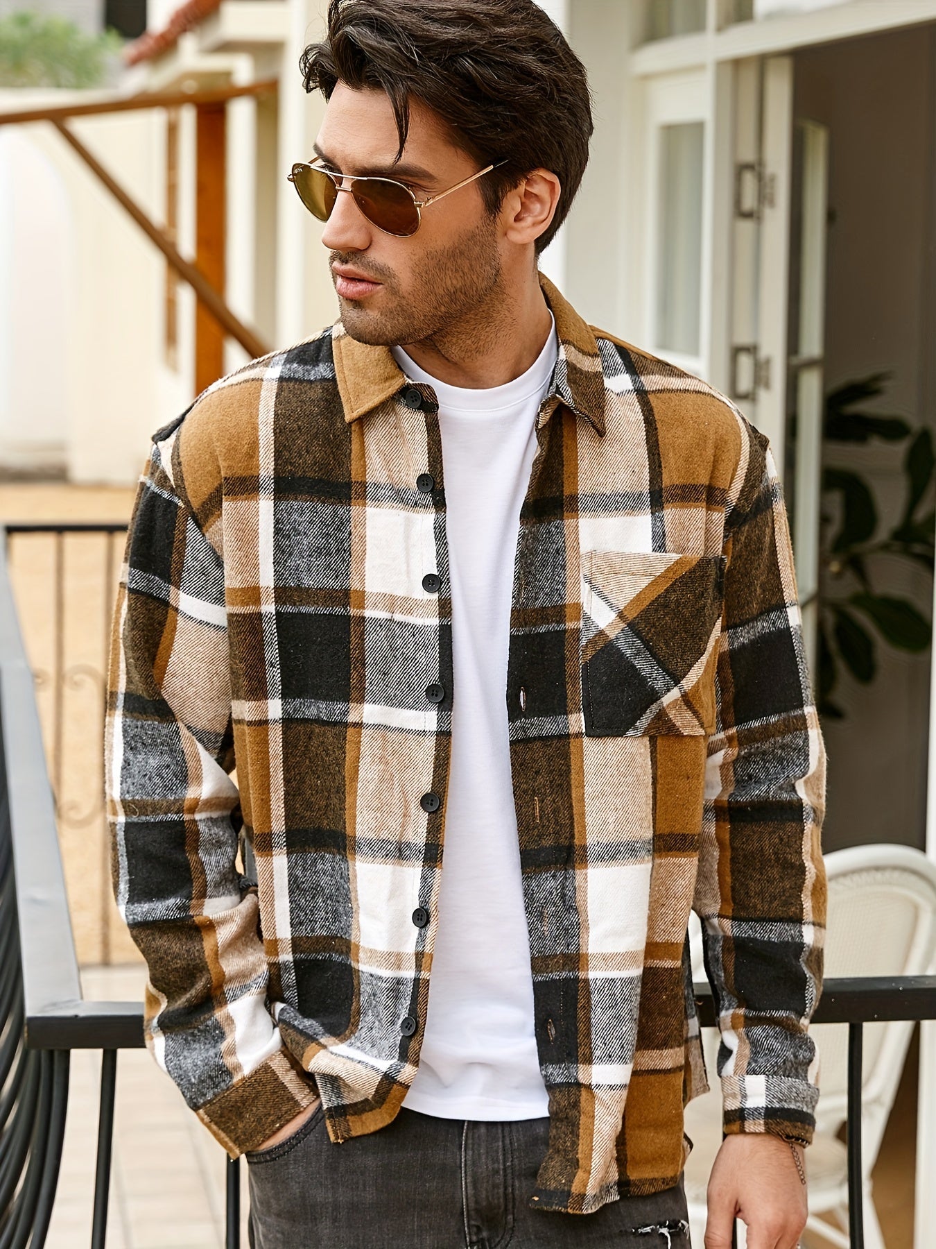 Men's Casual Flannel Shirt Coat - Solid Color Lapel Button-Up with Chest Pocket, Machine Washable Non-Stretch Fabric, Regular Fit Autumn Winter Outerwear, Autumn Apparel, Flannel, Long Sleeve Button Casual Shirt