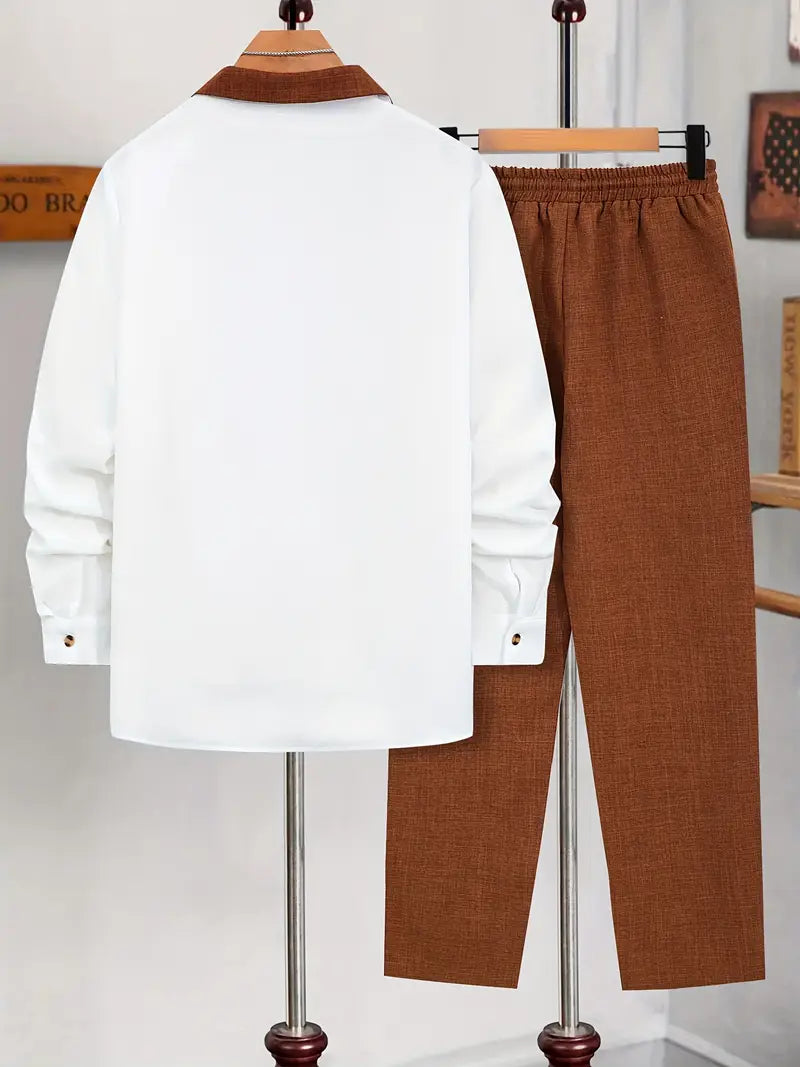 Polyester Button-Up Long Sleeve 2-Piece Pants