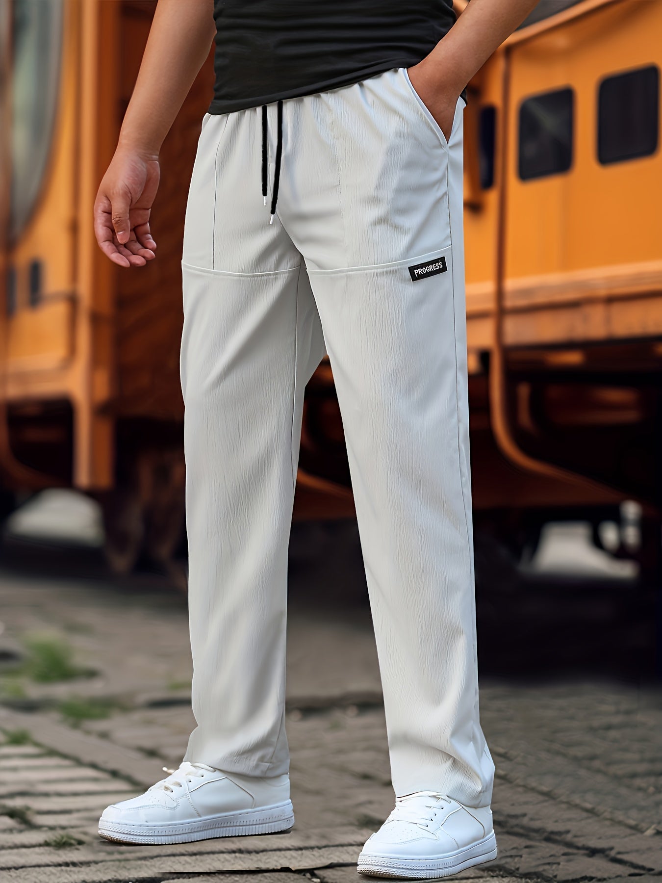 Men's Athletic Jogger Pants with Elastic Drawstring Waist & Zip-Free Design - All-Season Gym,, Running, Hip-Hop Training Pants with Pockets - White Casual Sportswear (Machine Washable)