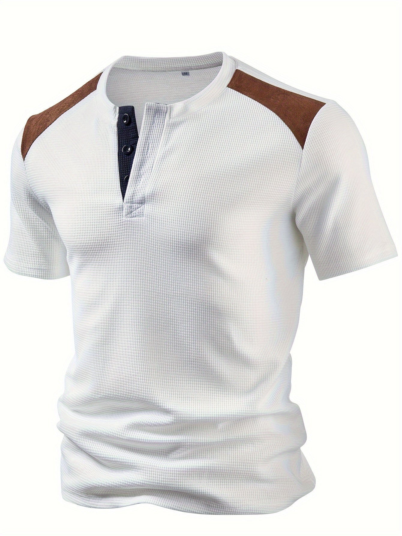 Men'S Waffle Texture Two-Tone Henley Shirt - Casual Summer Short Sleeve, Round Neck, Non-Stretch Fabric