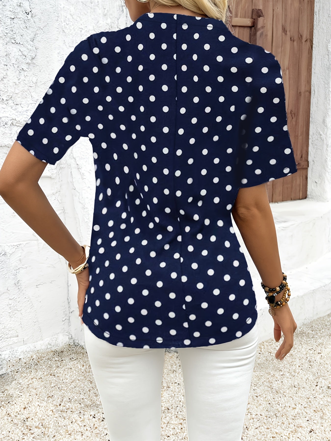 Elegant V Neck Short Sleeve Blouse - Polka Dots Print, Zipper Front, For Spring & Summer, Women's Clothing